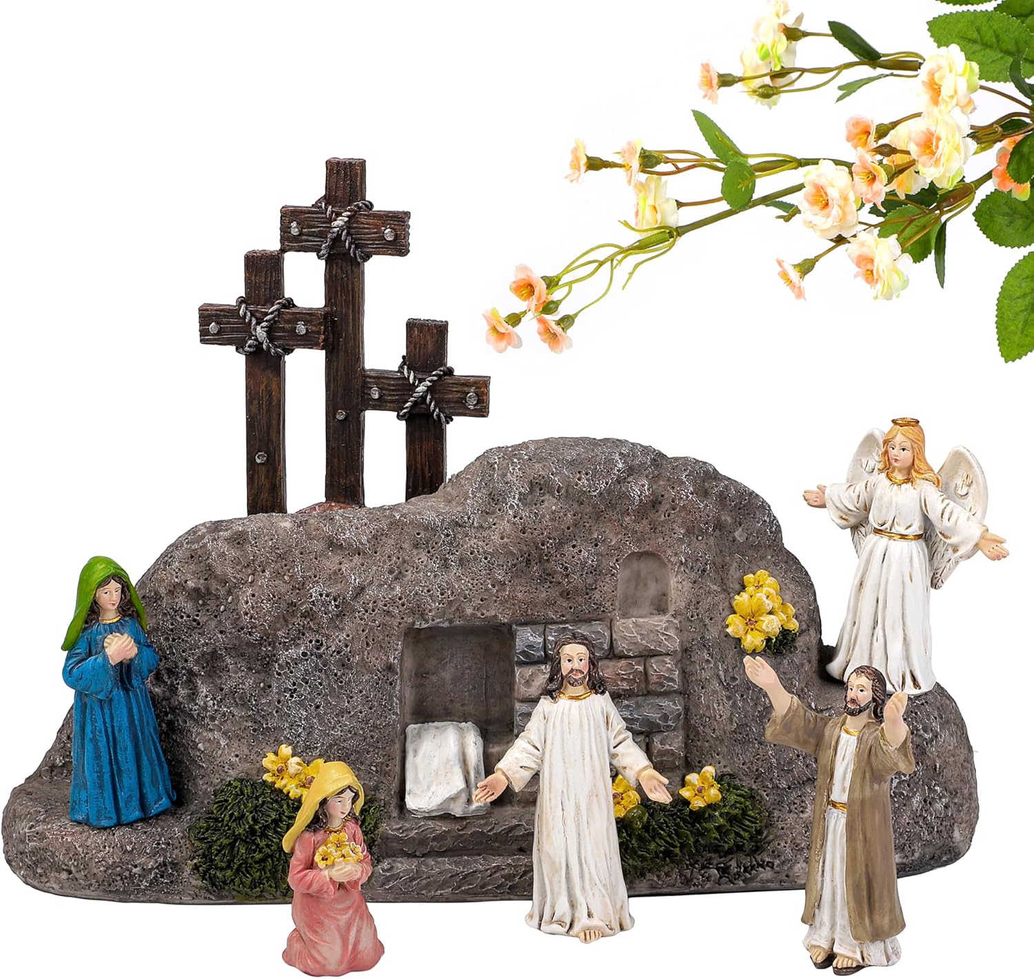 Fovths 7 Pack Easter Resurrection Scene Cross Table Decor Easter Resin Tabletop Ornaments Jesus Statue Centerpieces Decor for Home Kitchen Holiday Decoration
