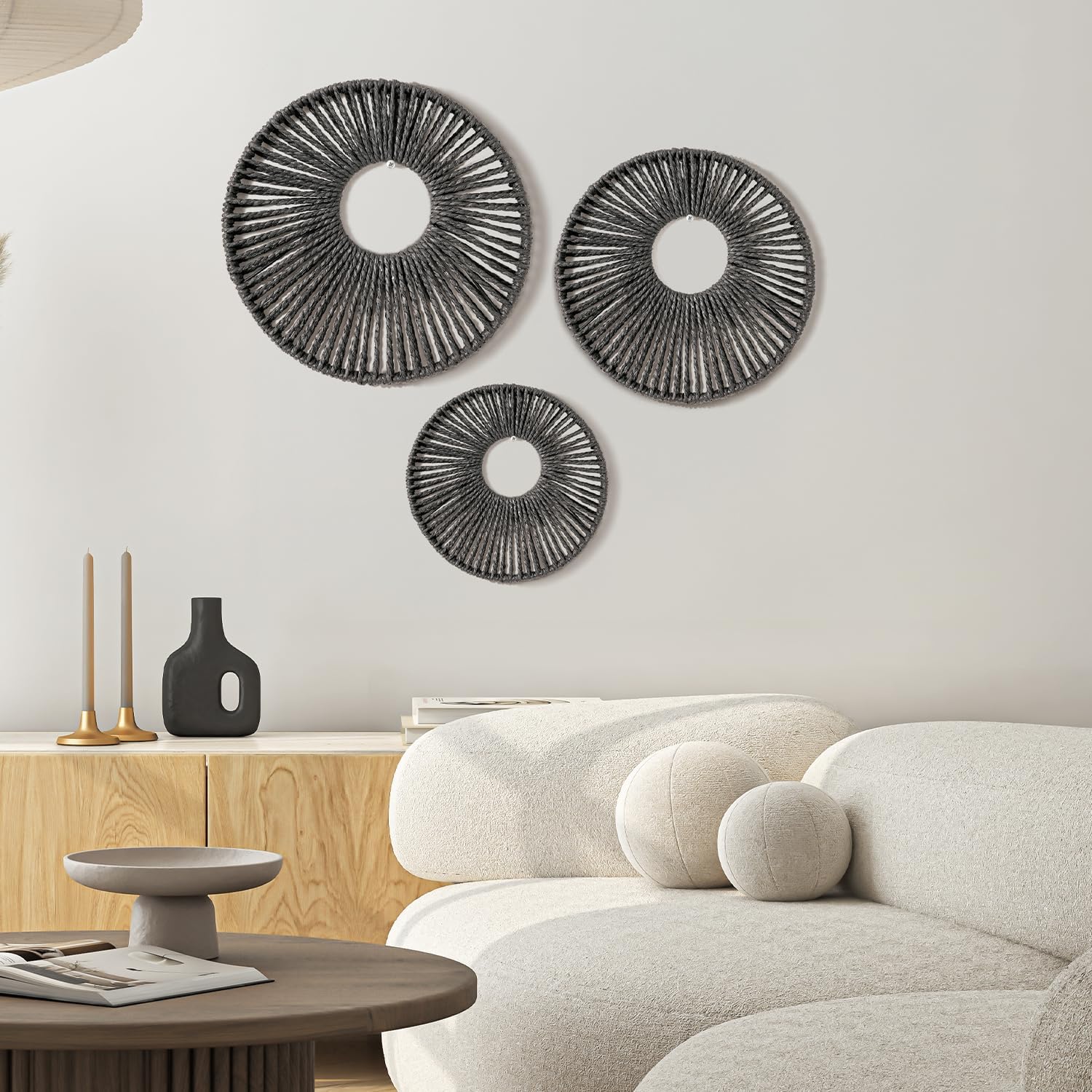 American Art Decor Round Paper Rope Wall Decor Set of 3, Black - Boho Wall Art, Farmhouse Basket Style