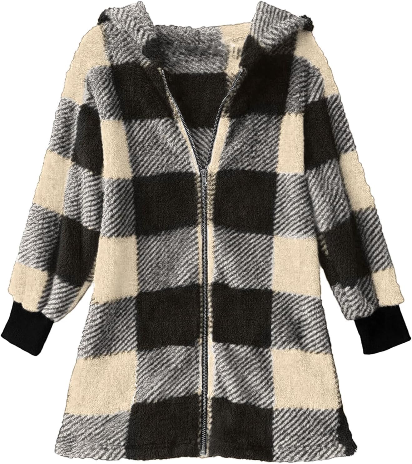 Womens Fleece Plaid Coat Zip up Sherpa Hoodies Jacket with Pockets Long Fuzzy Coats Lightweight Fluffy Fall Outwear - Image 3