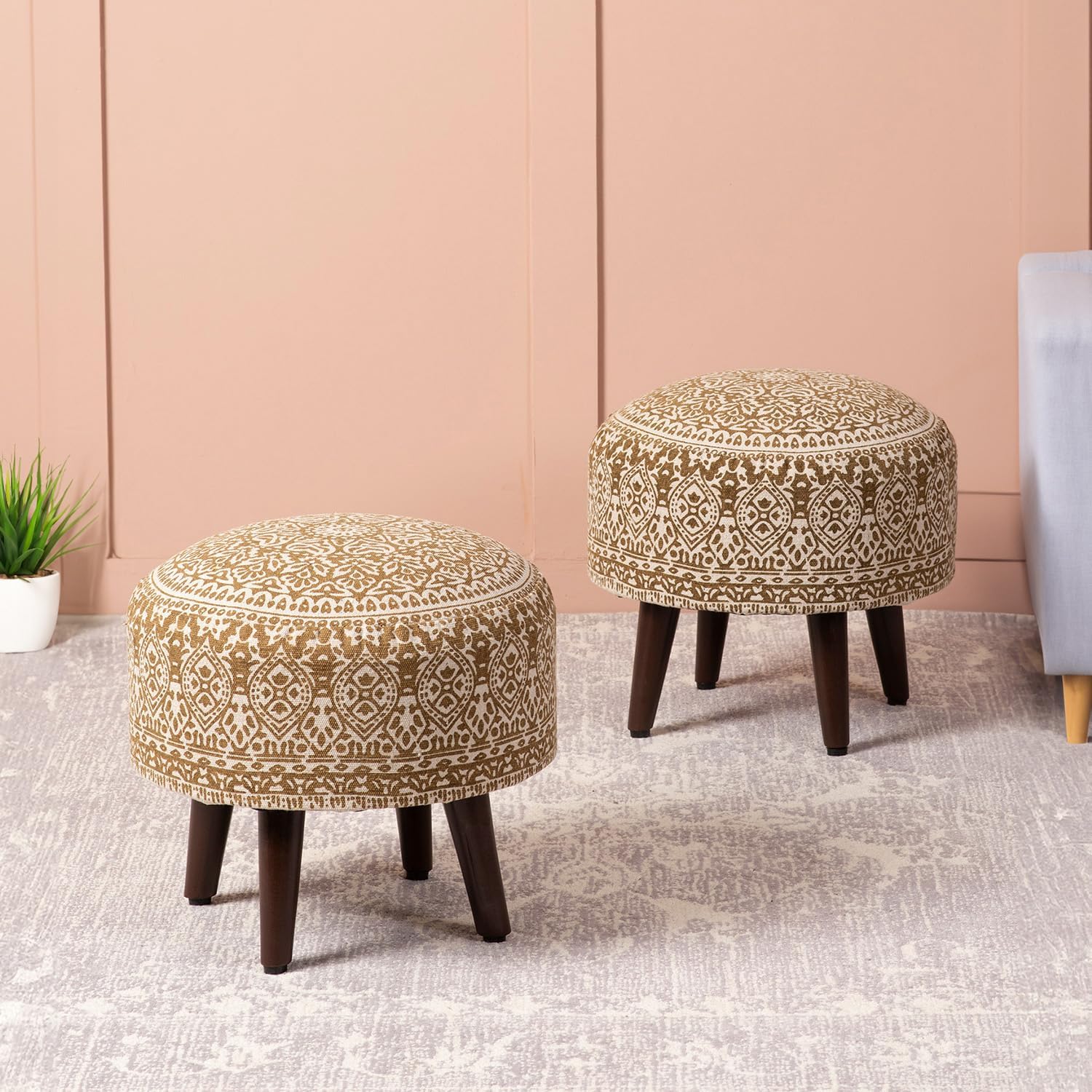 nestroots Set of 2 Wooden Ottoman Stools for Living Room | Printed Pouffes for Sitting, Foot Rest with 4 Wooden Legs | 14 Inch Height, Yellow | Stylish & Comfortable Furniture for Home Décor