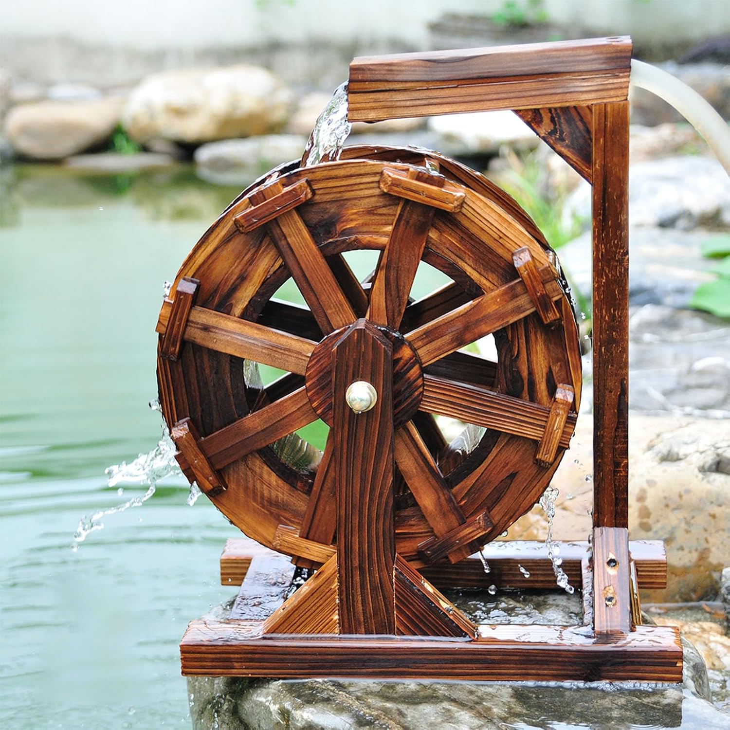 Water Wheel Fountain Outdoor Garden with Stand, Wooden Waterwheel Fountain Waterfalls with Pump, Garden Decoration Water Feature for Patio Pond Pool,80cm
