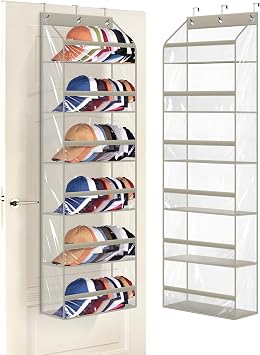 AOODA Clear Over the Door Hat Racks for Baseball Caps, Large Holds up to 72 Caps Hat Storage Organizer for Closet Wall, Deep Pockets Hanging Snapback Holder Shelves with 3 Hooks, Grey