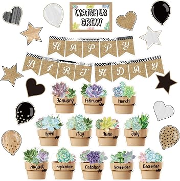 28 Pcs Happy Birthday Bulletin Board Set Potted Succulents Theme Birthday Posters Classroom Wall Decoration Cutouts for Classrooms Kindergarten Primary High School Succulents Theme Party Supplies