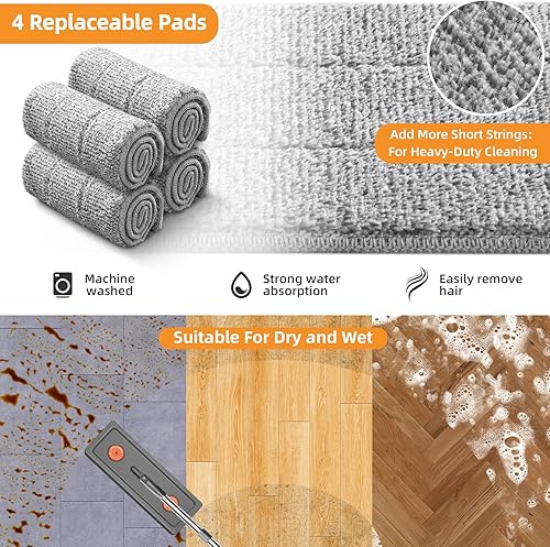 Miniatura 5 de Juego de trapeador y cubo con escurridor para el hogar, sistema de trapeador plano y cubo de 61 pulgadas para limpieza de pisos, limpiador de pared