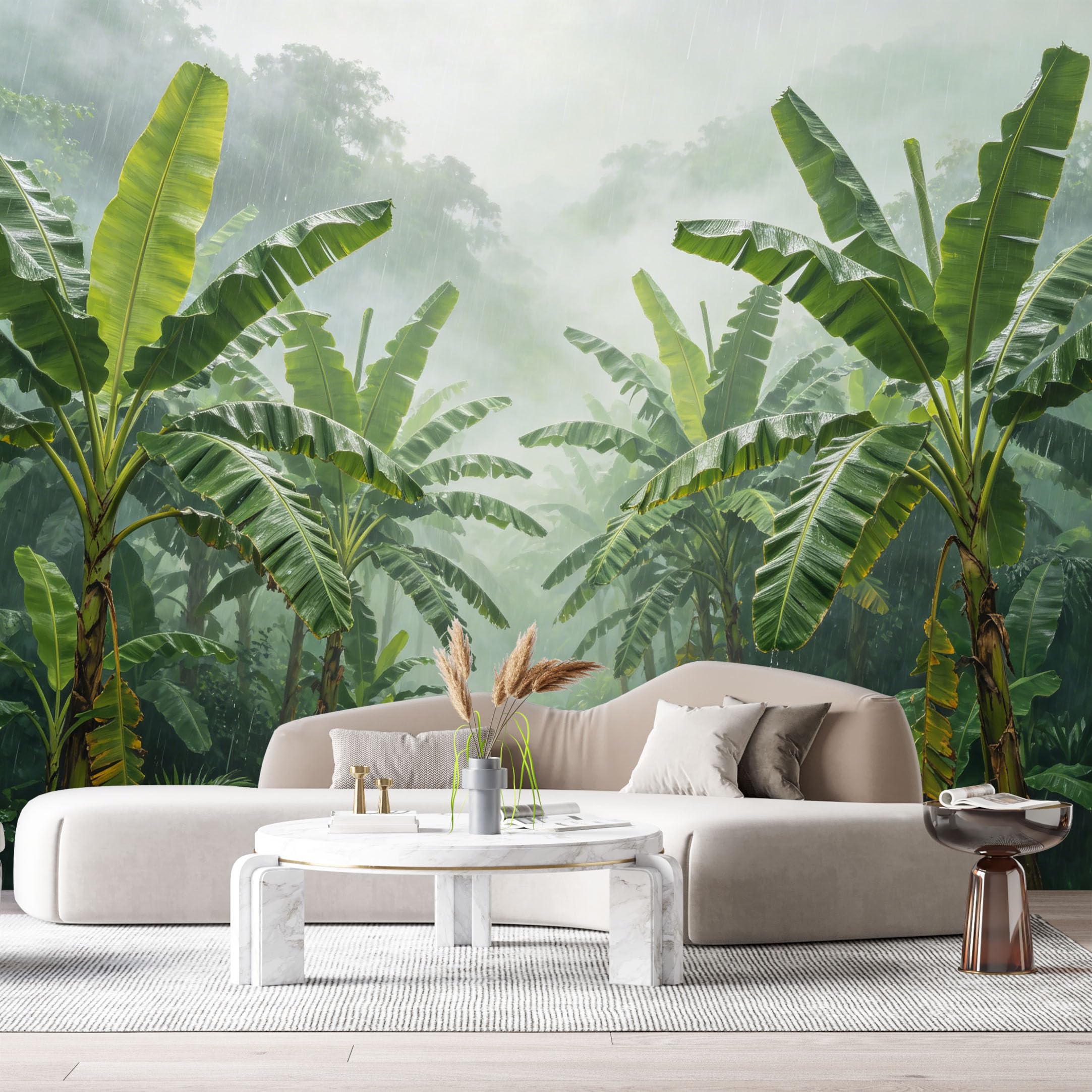 Custom Size Wall Murals Tropical Jungle Banana Trees Rainforest Green Foliage Mist Watercolor SelfAdhesive Wall Fabric Removable Large Wallpaper for Photo Living Room