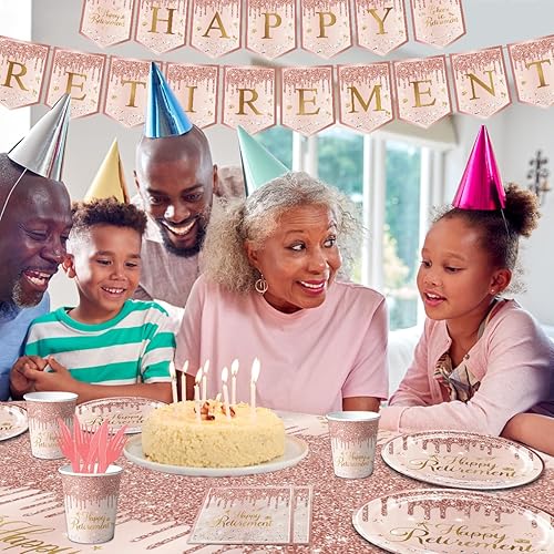 Miniatura 6 de 142 piezas de decoraciones de fiesta de jubilación de oro rosa para mujeres, platos desechables de feliz jubilación, servilletas, vasos, mantel,
