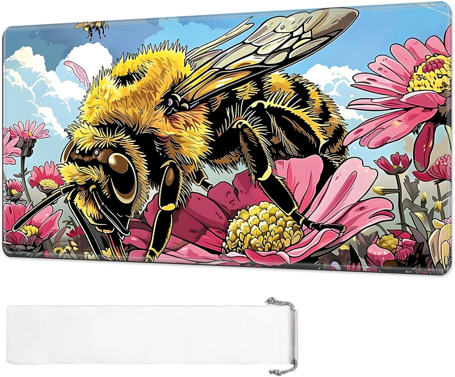 Magic Playmat, Bees Pick Flowers, 24x14 inch, Non-Slip Rubber Base, Storage Bag, Multipurpose Gaming Playmat
