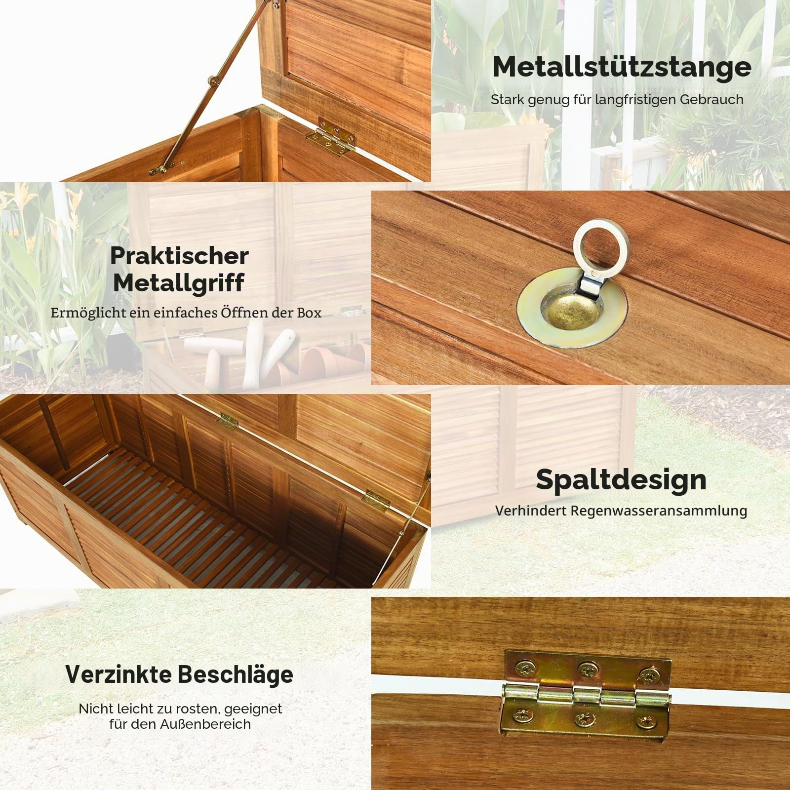 HOMASIS 178L Auflagenbox wetterfest, XXL Gartenbox aus Akazienholz, Aufbewahrungsbox mit Deckel & Griff, Kissenbox Kissentruhe Auflagentruhe Gartentruhe Terrassenbox Outdoor, 120 x 45 x 45 cm, Natur