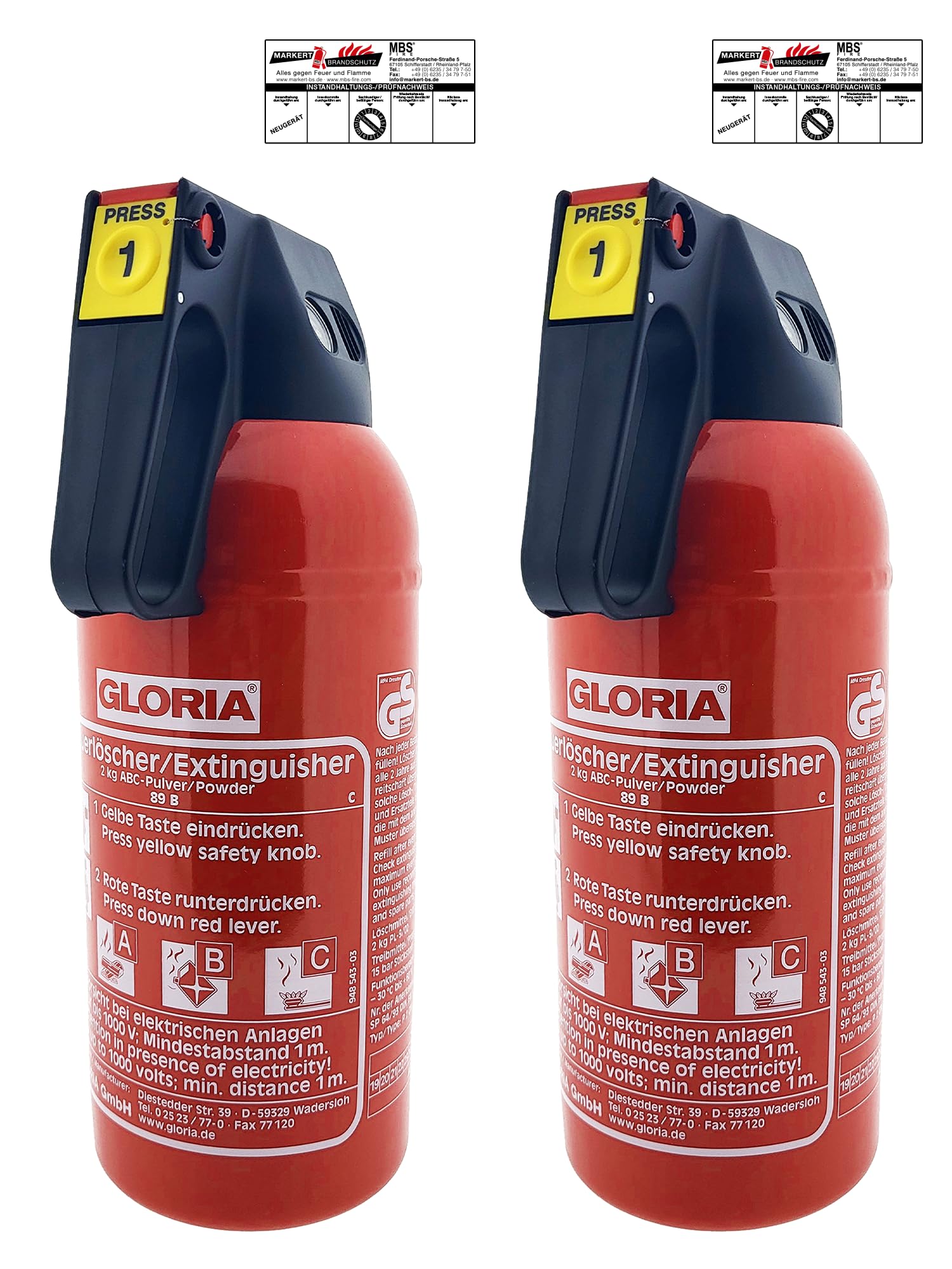 MBS FIRE Gloria P2GM Lot de 2 extincteurs à poudre pour voiture Classe de feu ABC avec support et plaque 2 kg