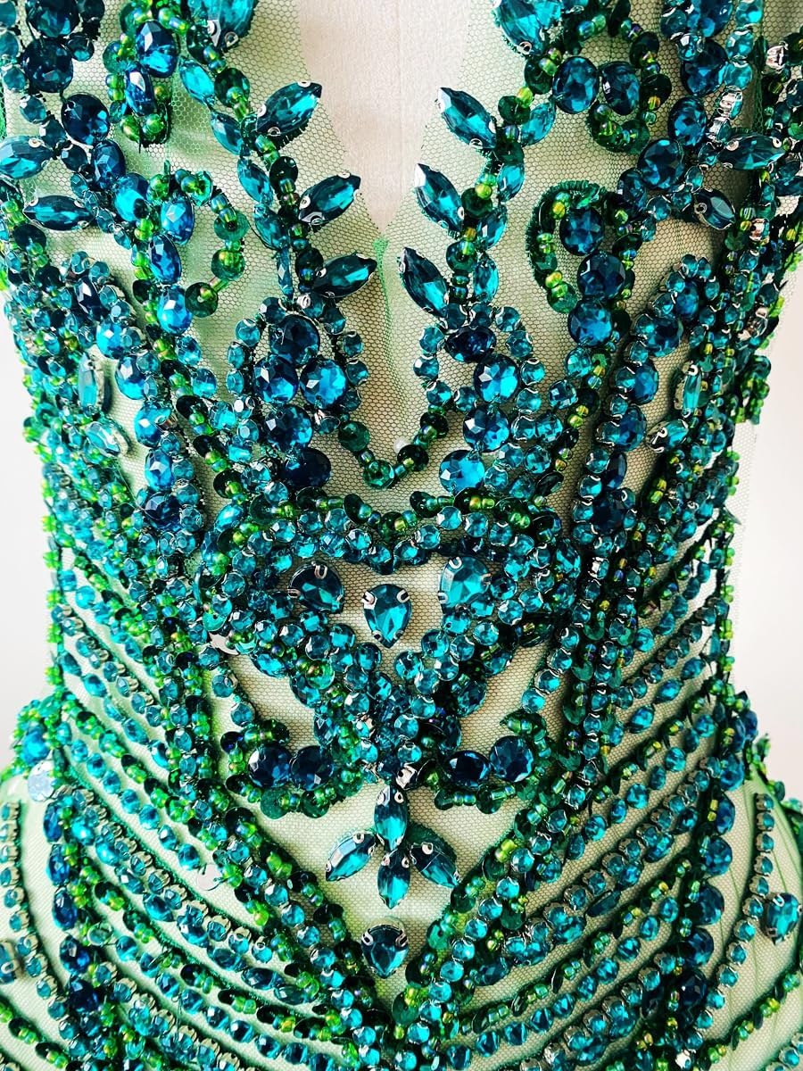Handmade Rhinestones Bodice Applique sew on Beads Trim Patches Trim Accessories for Wedding Dress Shiny Decorative lace Patch (Deepgreen)