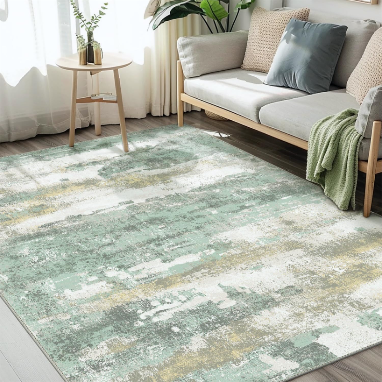 Area Rugs 6x9 for Living Room Bedroom, Modern Abstract Machine Washable Rug, Large Soft Low Pile Floor Carpet with Non Slip Backing for Dining Room, Light Green Light Green/Cream 6' x 9' (Rectangular)