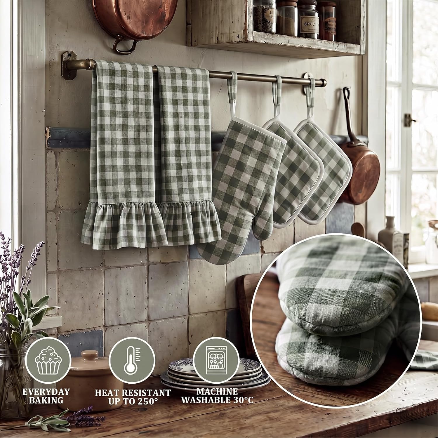 6 Pcs Green Gingham Kitchen Decor Accessories Set, Ruffle