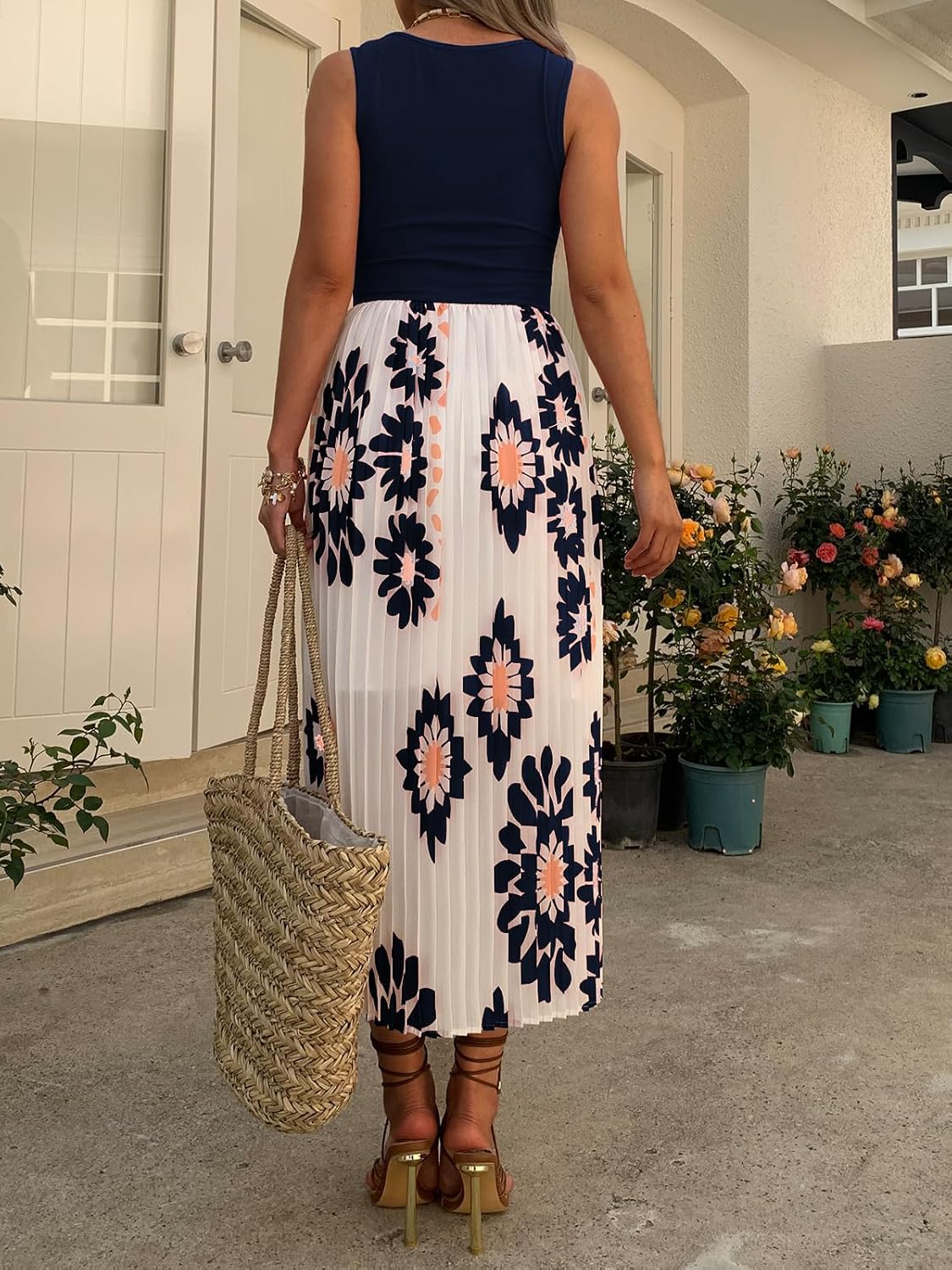 Women's Sleeveless Pleated Maxi Dress Boho Floral Print Summer Sundress High Waist Flowy A-Line Casual Dress - Image 5