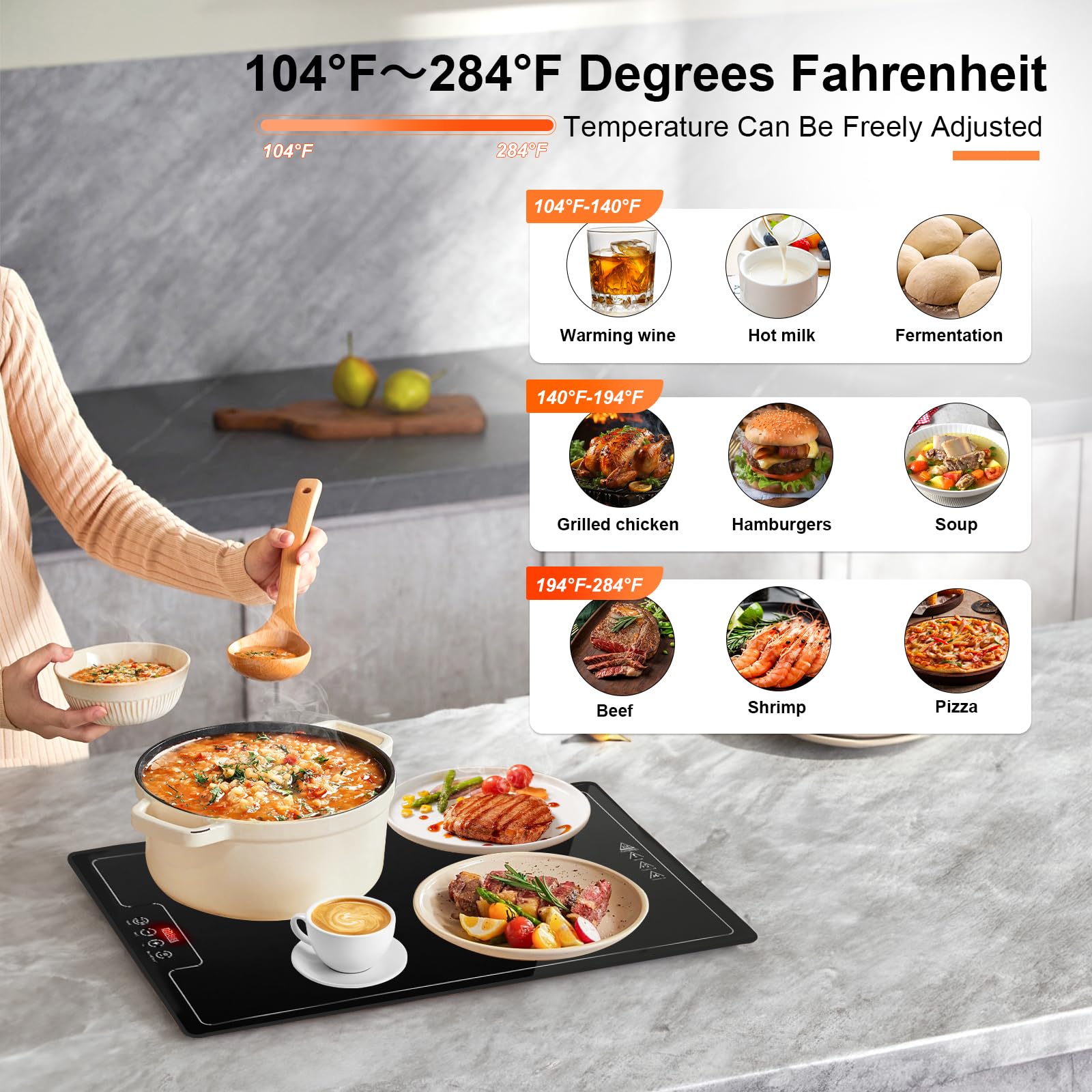 Bandeja eléctrica de calentamiento de calor, calentador de superficie completa de 20 x 15.2 pulgadas con termostato, pantalla digital, soporta 104 ~ 140.0 °C, temporizador (30 minutos a 24 horas),
