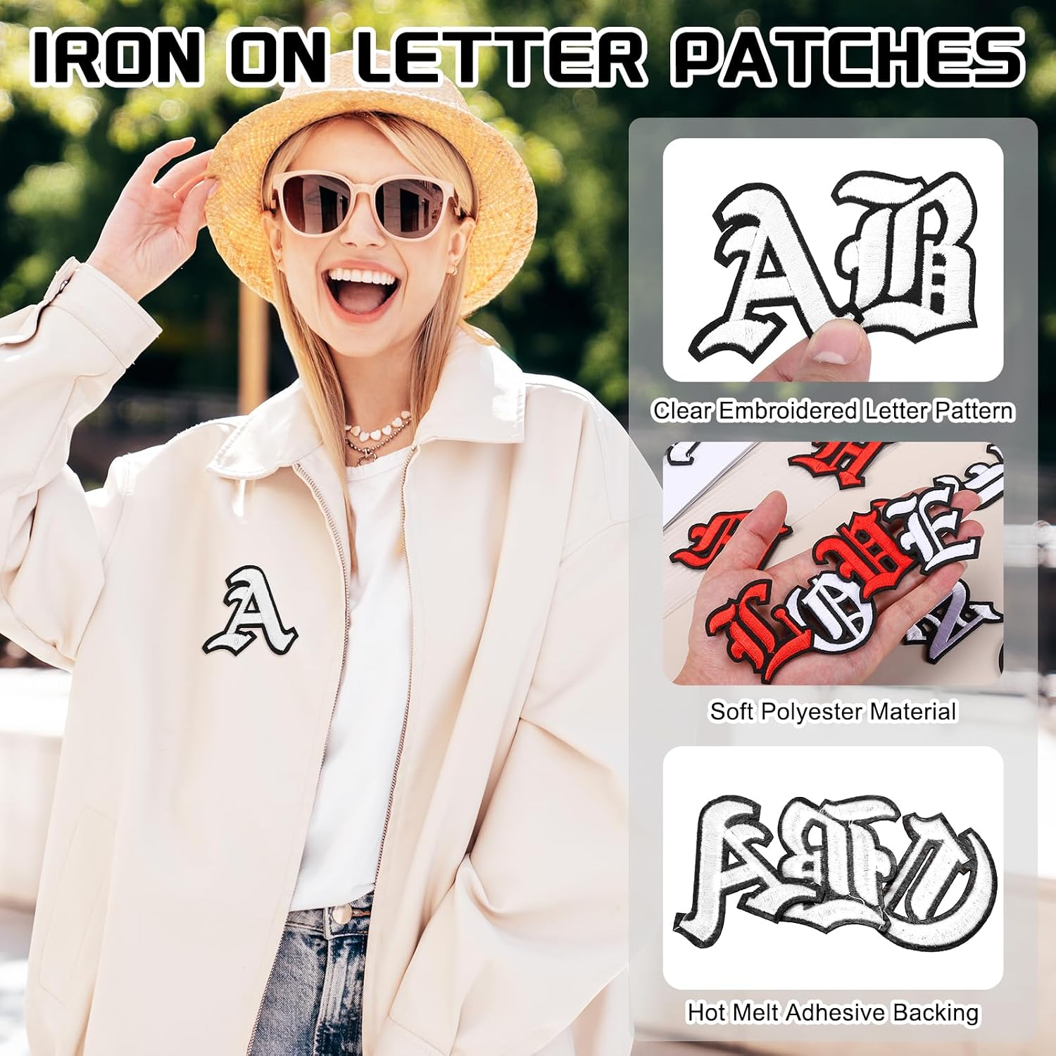 MECCANIXITY Gothic Iron on Letter Patches, 2" Letter D Patches Sew-on Embroidered Alphabet Patch A-Z Old English Letters for DIY Clothes Jeans Jackets Bags, White Black, 4pcs