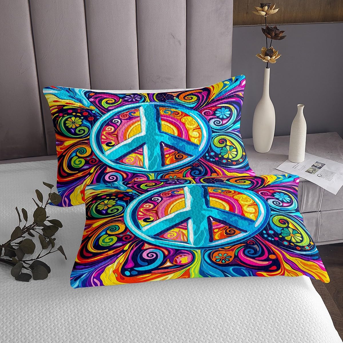 Erosebridal Bohemian Quilt Set Boho Peace Sign Bedspread Set Watercolor Peace Sign Coverlet Queen,3D Graffiti Bedspread for Women Men Adults Colorful Bedroom Decor