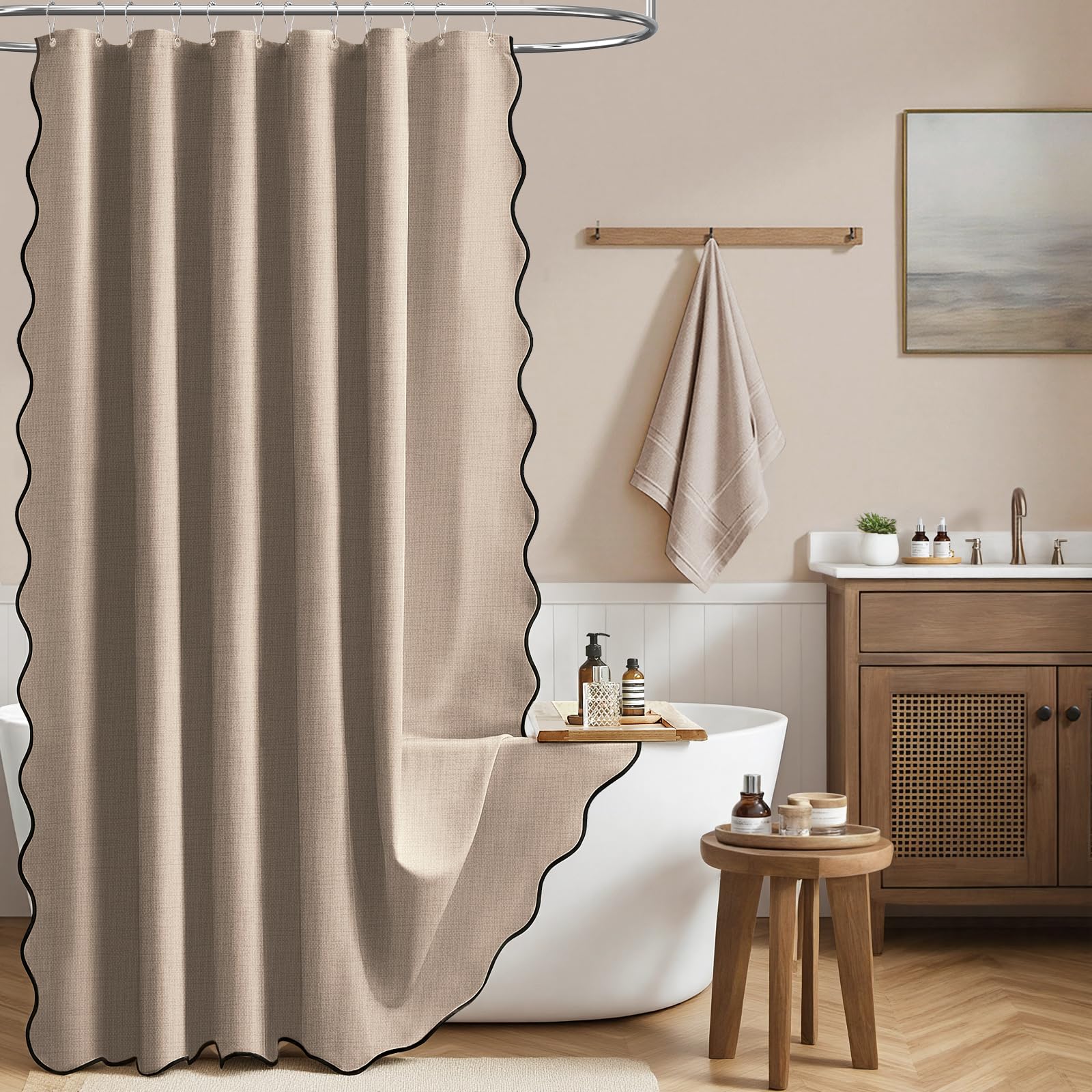 BTTN Tan Boho Scalloped Shower Curtain, Linen Look Textured Bathroom Curtains, Anti-Mould & Waterproof, Weighted Wet Room Shower Curtain Set with 12 Plastic Hooks, 184 x 184cm, Taupe/Khaki