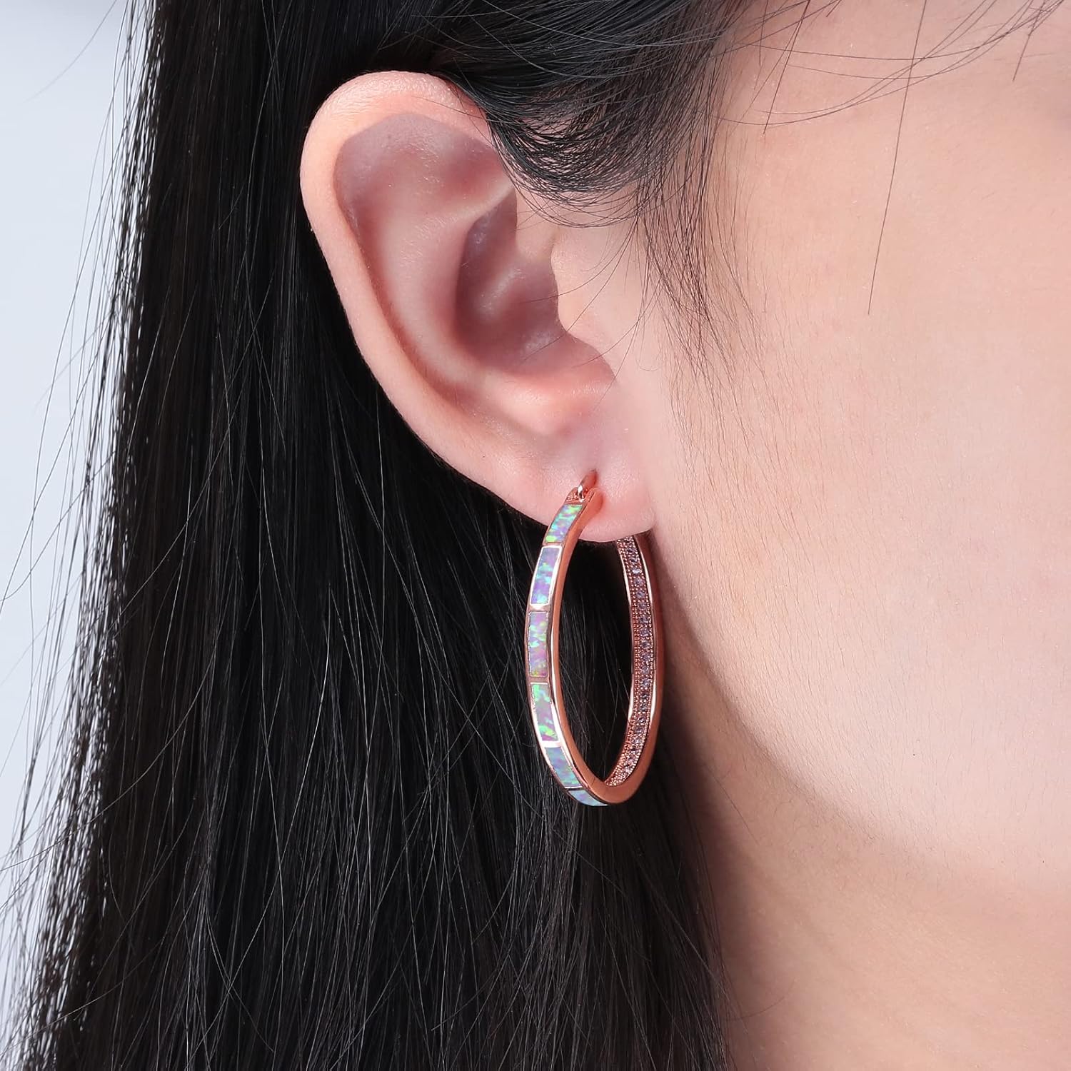 CiNily Opal Hoop Earrings,Women Jewelry Rhodium Plated/Rose Gold or Yellow Gold Plated Gemstone Big Hoop Earrings 32mm