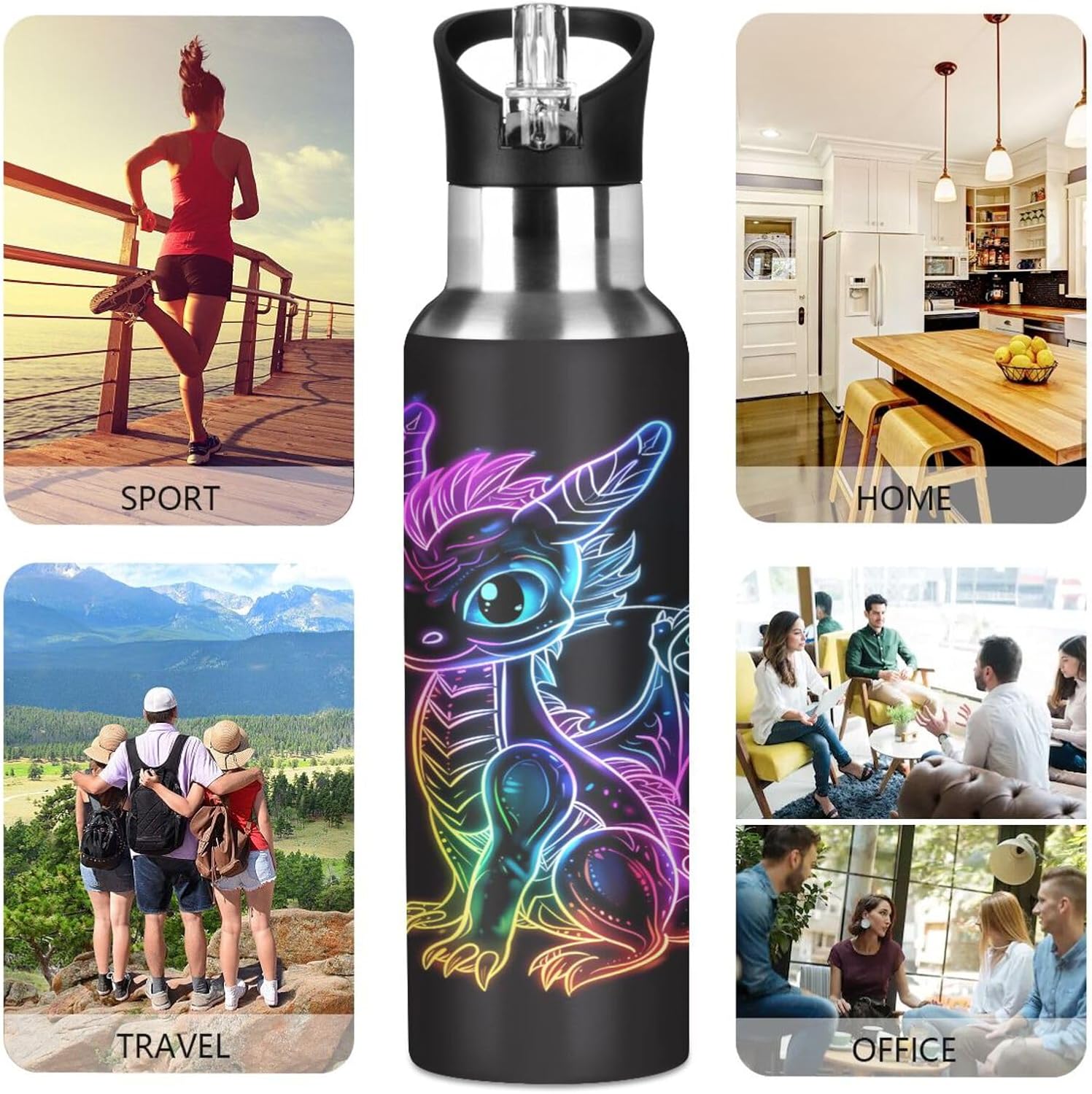 Blue Purple Green Dragon Sports Water Bottle with Straw Lid Boys Girls Vacuum Insulated Water Flask Leakproof Stainless Steel School Sport 20 Oz