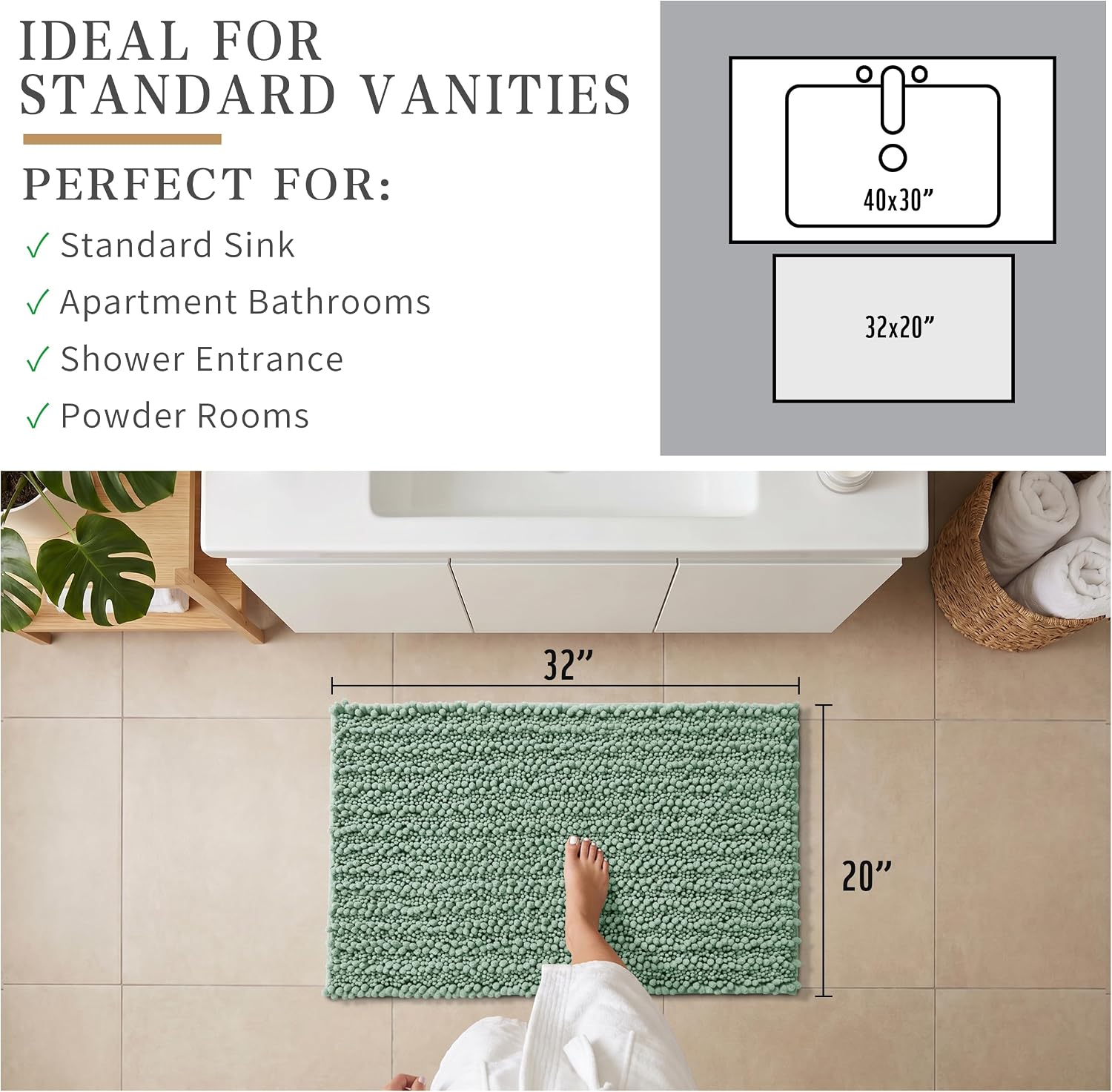 Condition photo showing New/Like New for yimobra bathroom rugs non slip washable 32x20 inch - ultra soft absorbent chenille bath mat, quick dry shaggy floor carpet for tub shower, green home decor accessories 32" x 20" green