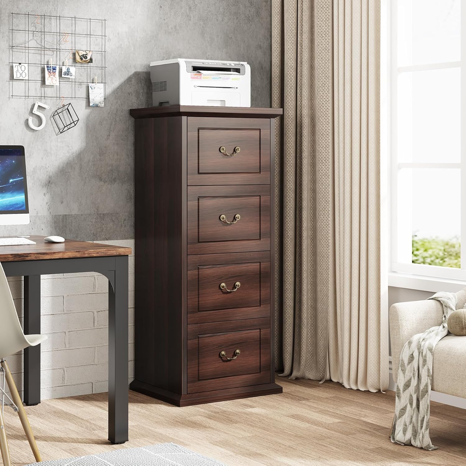 Tribesigns 4-Drawer File Cabinet, Vertical Wood Filing Cabinet for A4/Letter Size, Tall Office Drawer Chest, Rustic Storage Organizer Unit for Home Office, Dark Walnut