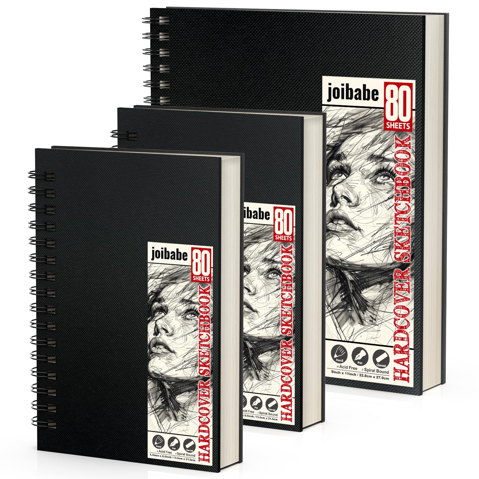 Paquete de 2 cuadernos de bocetos de tapa dura de 5.5 x 8.5 pulgadas y 1 paquete de 9 x 11 pulgadas, 3 paquetes de 80 hojas (68 libras/100 g/m²), cuaderno de bocetos de doble cara, encuadernado en
