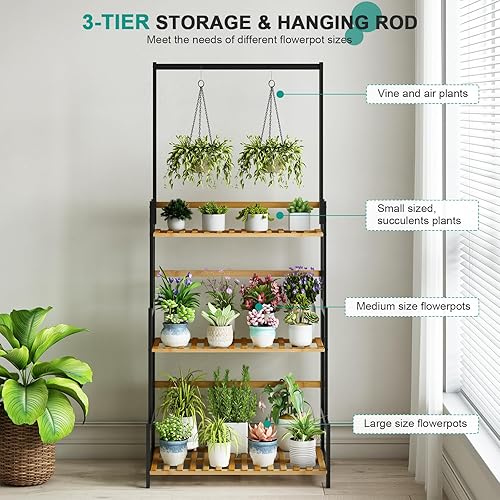 Miniatura 9 de Ufine - Escalera de madera de bambú para plantas, 3 capas, plegable, para uso en interiores y exteriores, para el hogar, patio, césped, jardín,