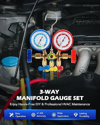 Miniatura 2 de Orion Motor Tech Medidores HVAC de 5 pies Compatibles con R134A R12, R22, R502, Juego de Medidores de AC con Acopladores Rápidos, Adaptador para