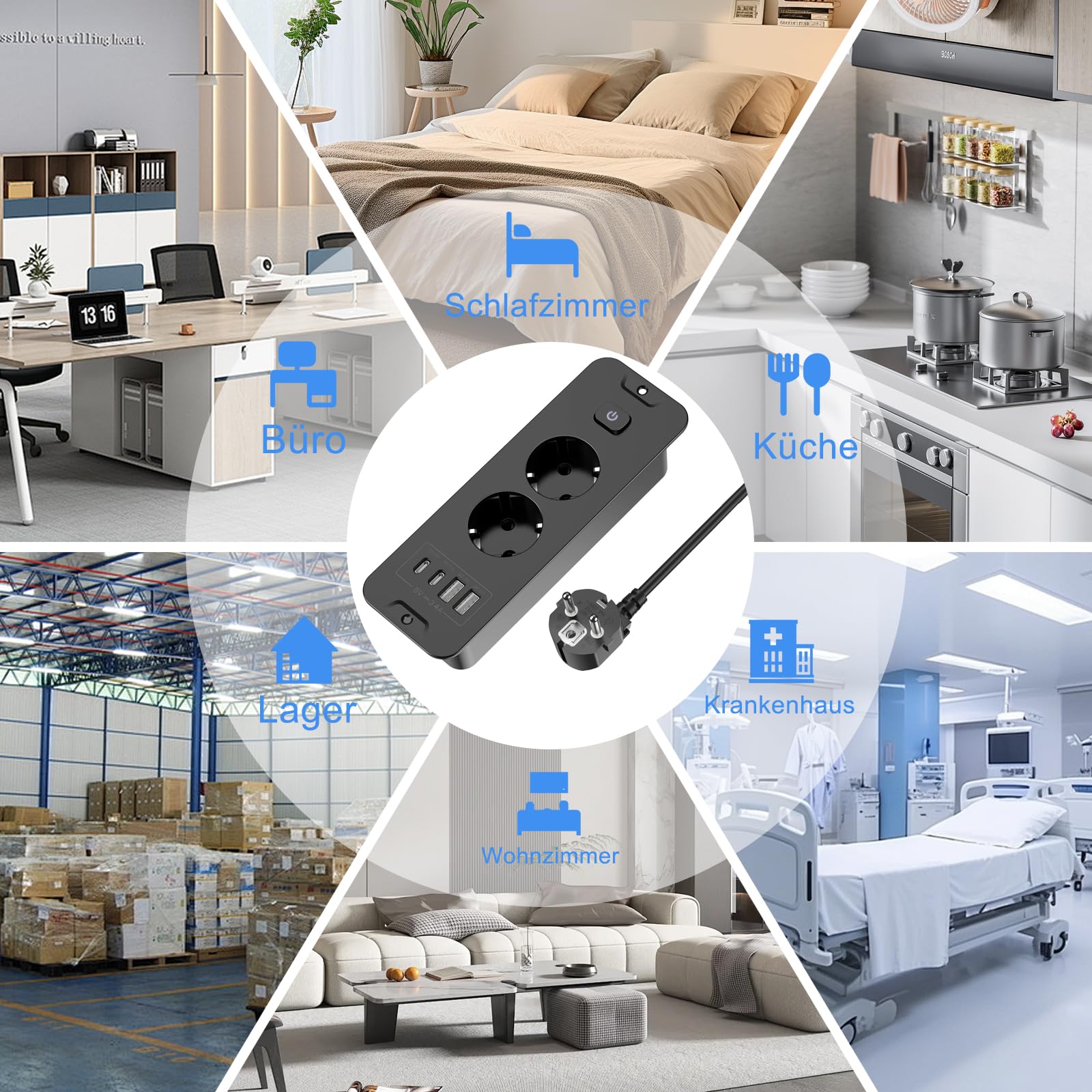 Gniazdo wpuszczane USB, 2 gniazdka stołowe z USB, 4 n 1, potrójne podtynkowe gniazdko z przedłużaczem 2 m z przełącznikiem, listwa zasilająca do biura, domu, kolor czarny