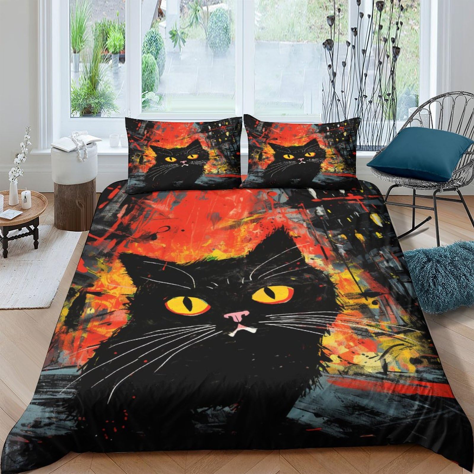 Housse de couette chat 3D 200x200 cm avec taies en microfibre pour lit double