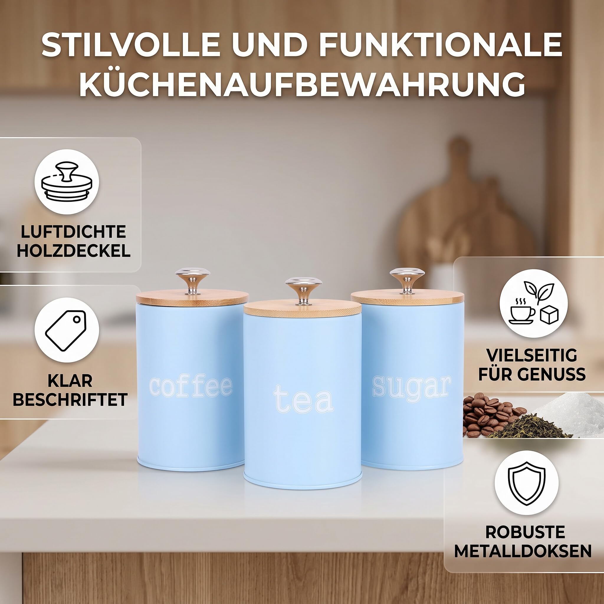 3 Contenitori in Metallo Stile Vintage, Barattoli Ermetici da, con Coperchi in Legno, Contenitori in Ferro, per tè, caffè, Zucchero (BLUE)