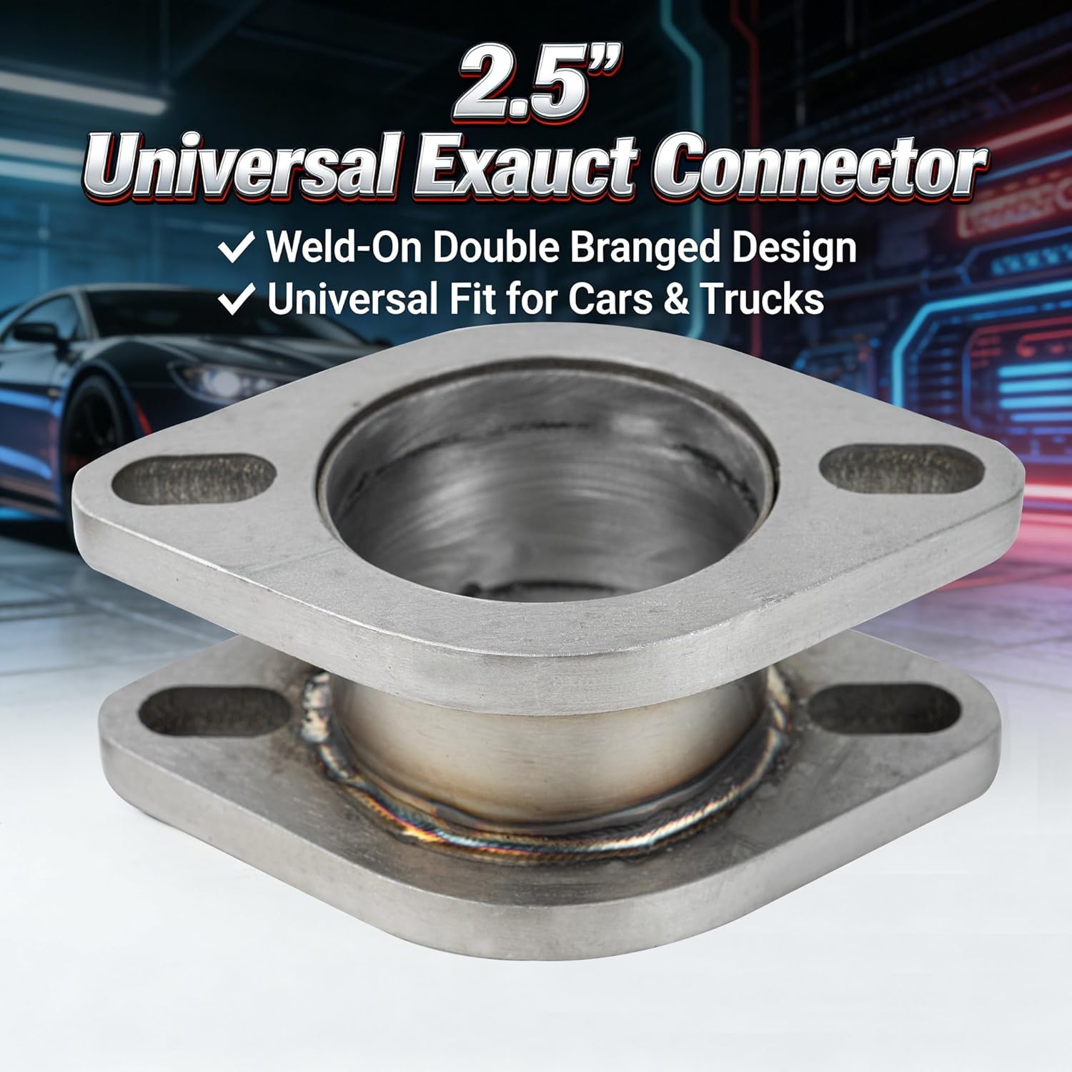 2 1/2 Inch OD (2.5") 2 Bolt Exhaust Flange Double Flanged Connector Pipe, T304 Stainless Steel Weld-On Adapter, Universal Exhaust Coupler for Exhaust System Repair & Fabrication