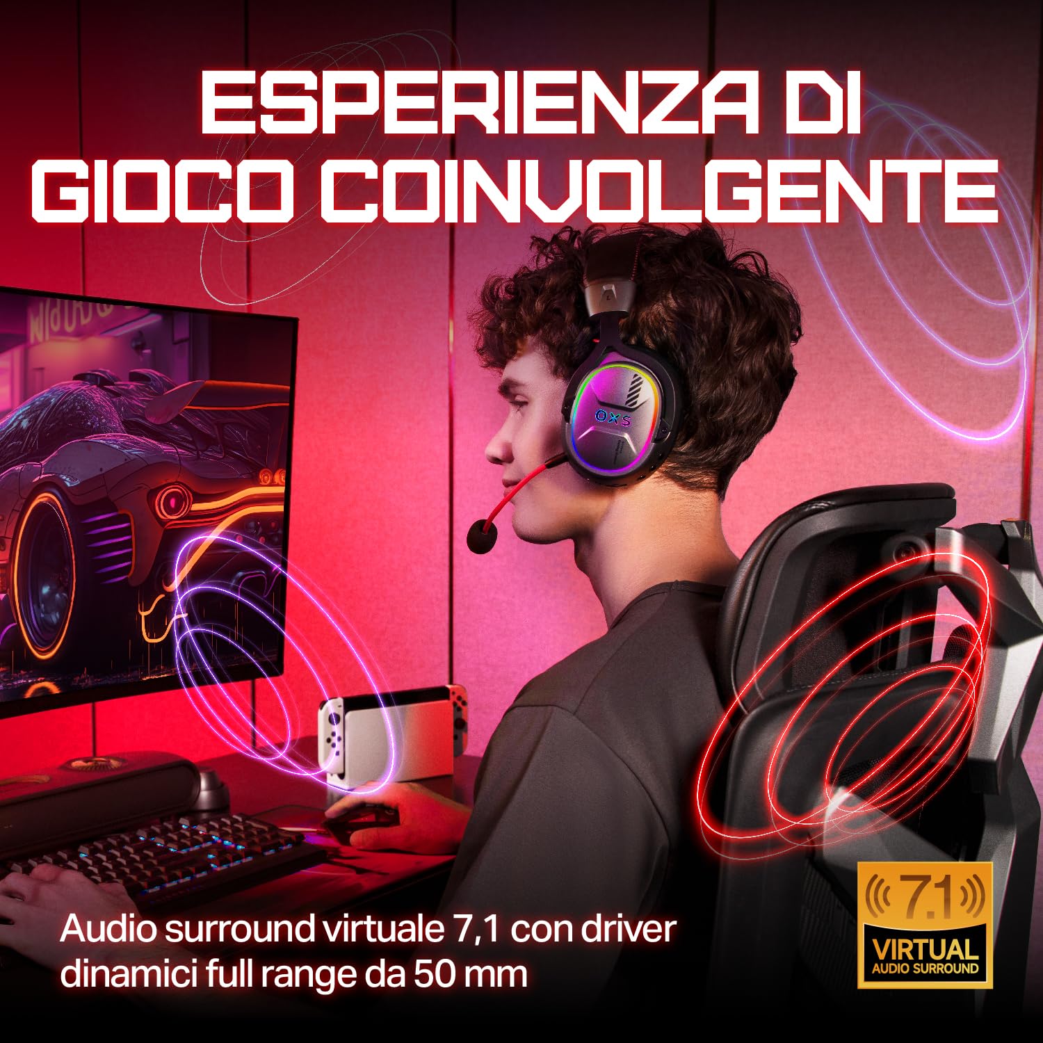 OXS Storm G2 Cuffie da Gioco Wireless, Audio Surround Virtuale 7,1, 3 Modalità EQ, Bassa Latenza 2,4 GHz, Driver da 50 mm, Luce RGB, Bluetooth 5.3, Compatibile con PC, Console, Cellulare, Nero