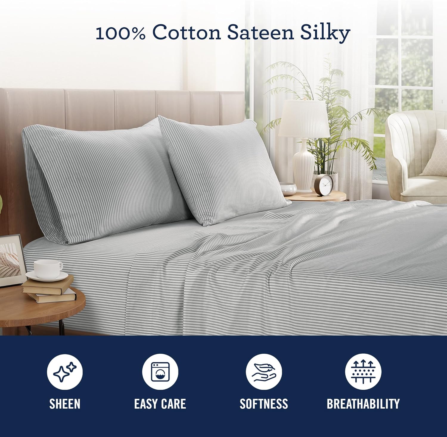 Izod Sateen Silky 4Pc King Size Bed Sheet Set, Deep Pockets - fits Upto 17", Smooth & Buttery Feel Sheet Set, Long-Staple Soft Combed 100% Cotton Bed Sheet, Hotel Luxury Bedding - Grey Stripe - Image 3