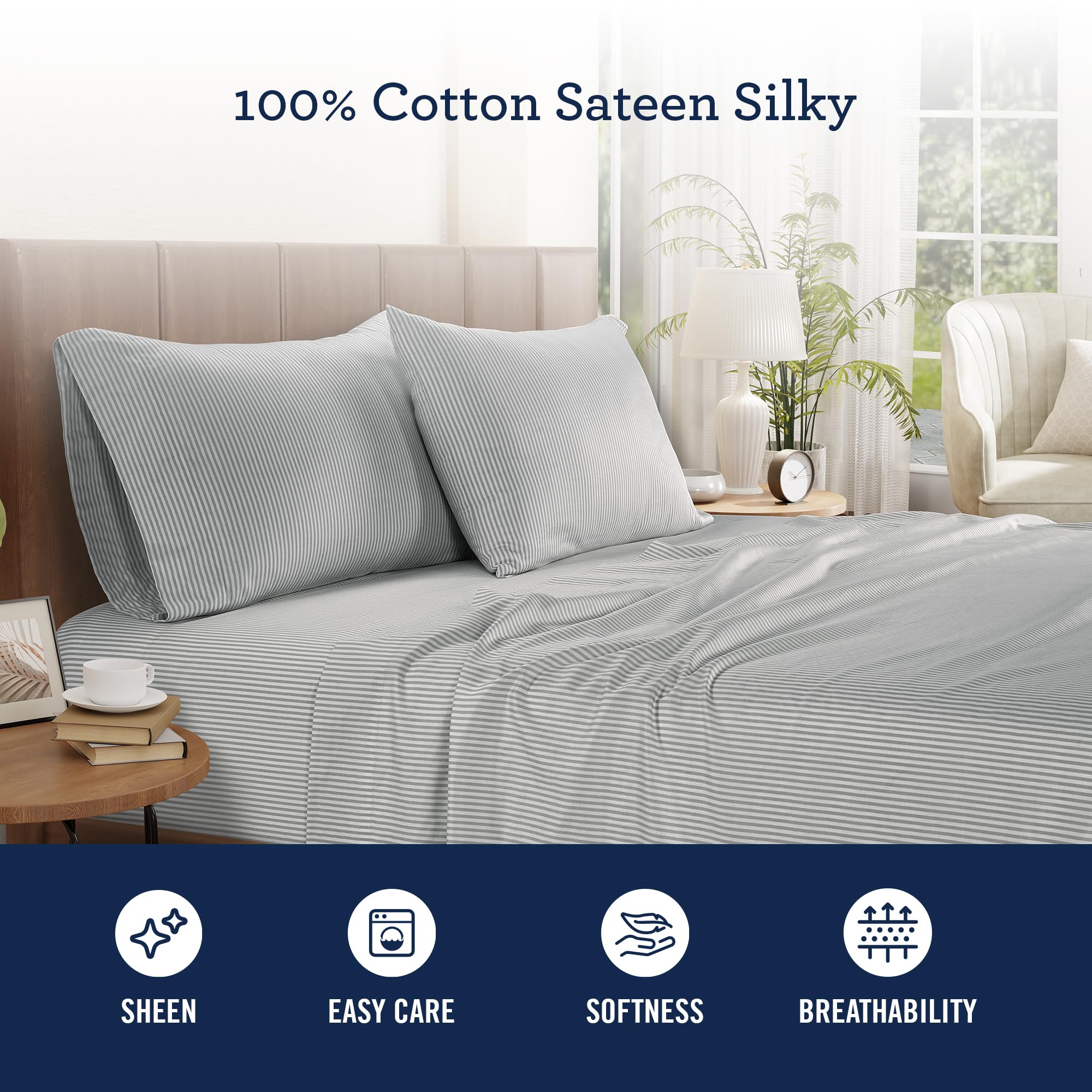 IZOD - Silky Sateen zestaw pościeli bawełnianej, gładkie i maślane uczucie, bawełna z długimi zszywkami, prześcieradła z głębokimi kieszeniami (300 TC, Queen/Grey Stripe)