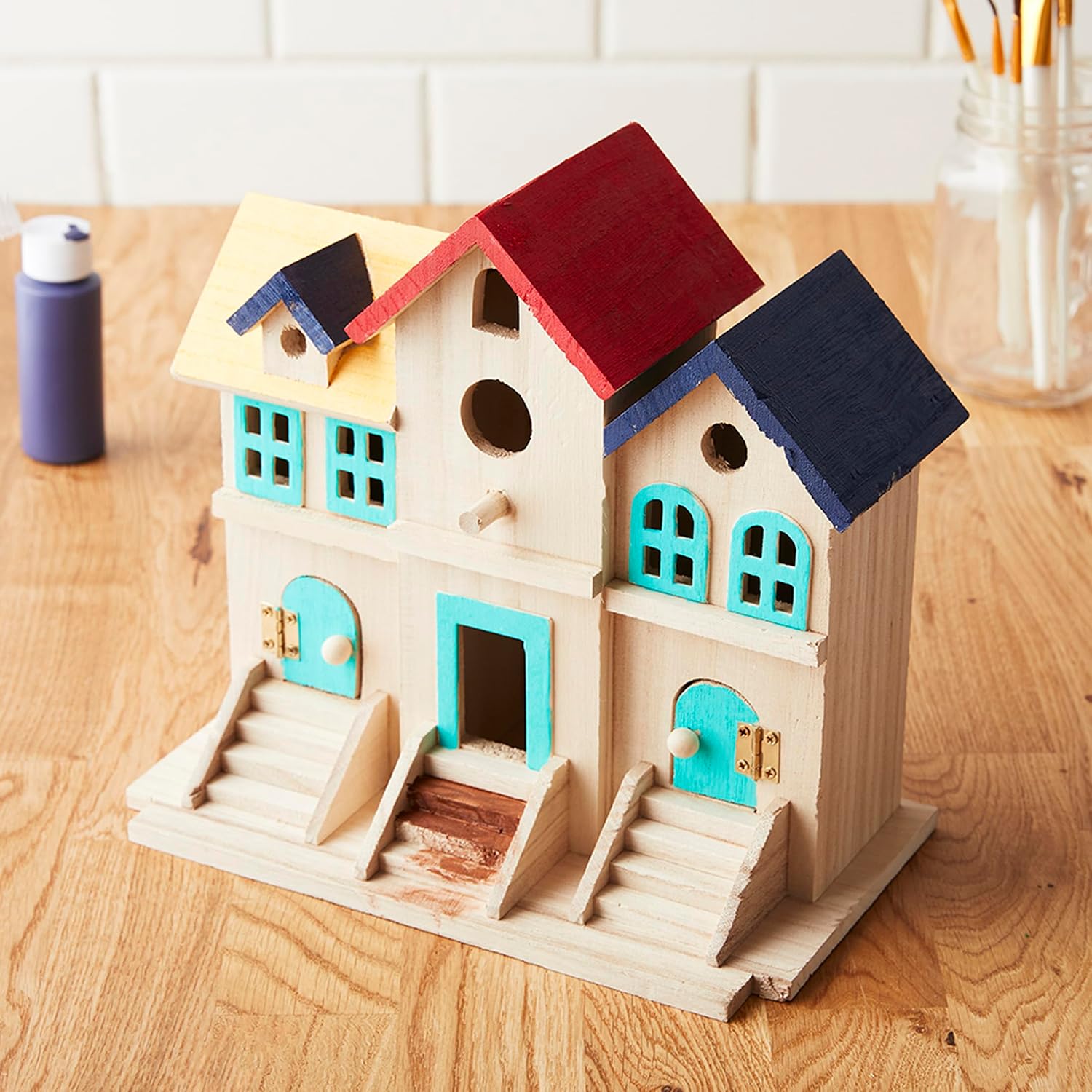 Make Market 9.5" Wooden Brownstone Birdhouse with Fence - Unfinished Birdhouse Made of 100% Wood- Bulk 6 Pack