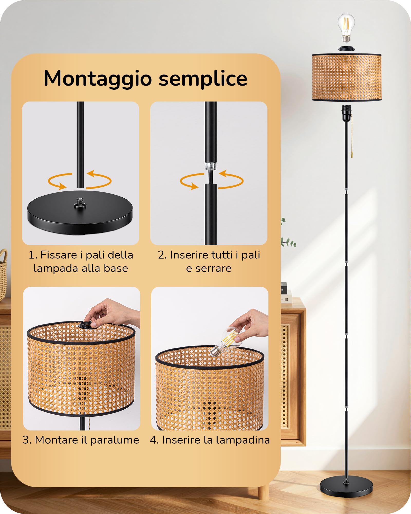 EDISHINE Lampada da Terra Boho Soggiorno, Paralume in Rattan, Nero | Lampada da Terra Angolare Moderna, Interruttore a Catenella, E27, LED Inclusa, Bianco Caldo 2700 K, Camera, Corridoio, 160 cm