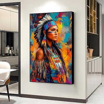 American Indian Woman Canvas Wall Art, Colorful Poster, Native Indigenous Woman Canvas Painting, Beautiful Girl Portrait Poster, Modern Wall Art for Living Room Bedroom Black Framed, 15"x24" | 40x60cm