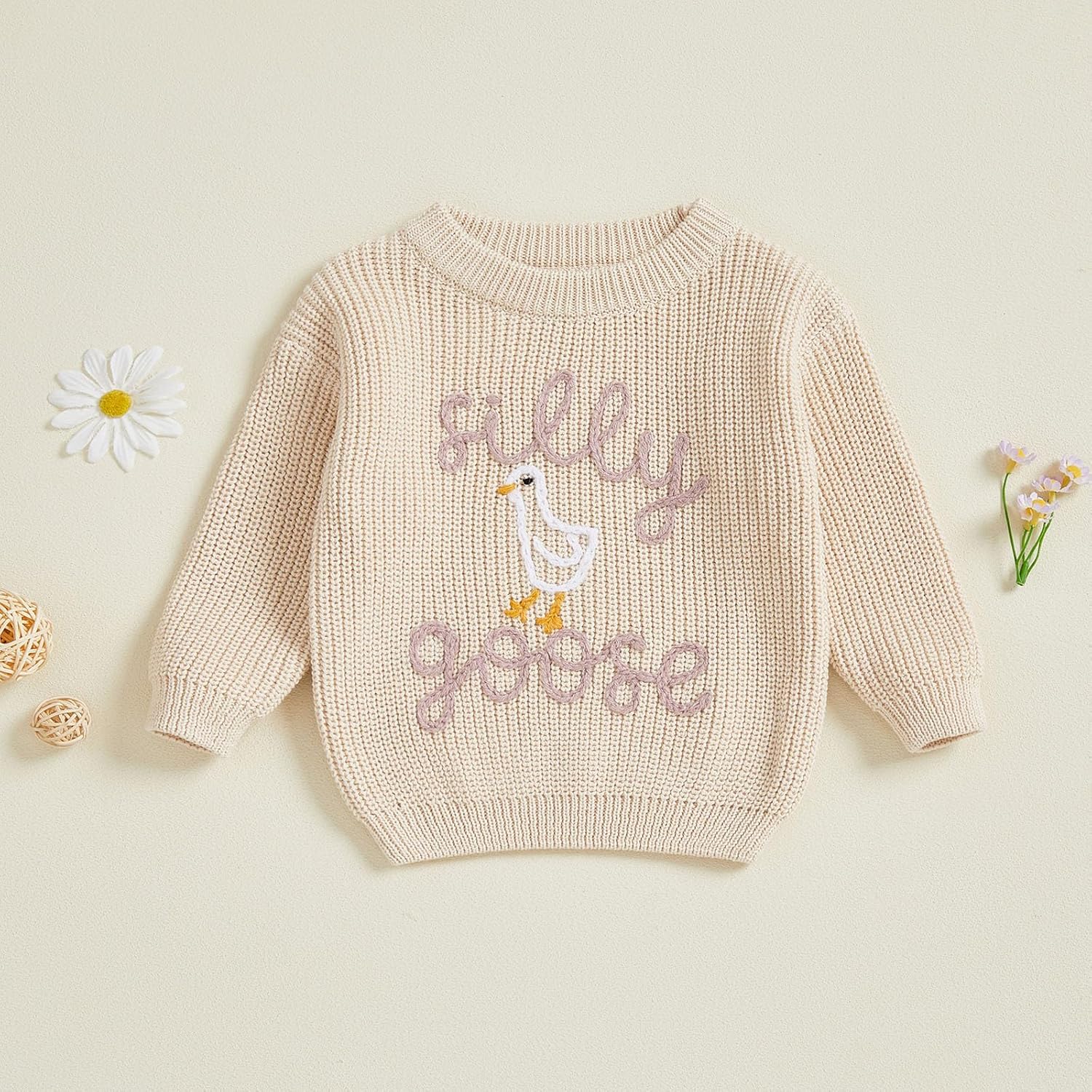 Toddler Baby Boy Girl Goose Outfit Silly Goose Embroidered Crewneck Long Sleeve Sweater Chunky Knit Fall Winter Tops - Image 8