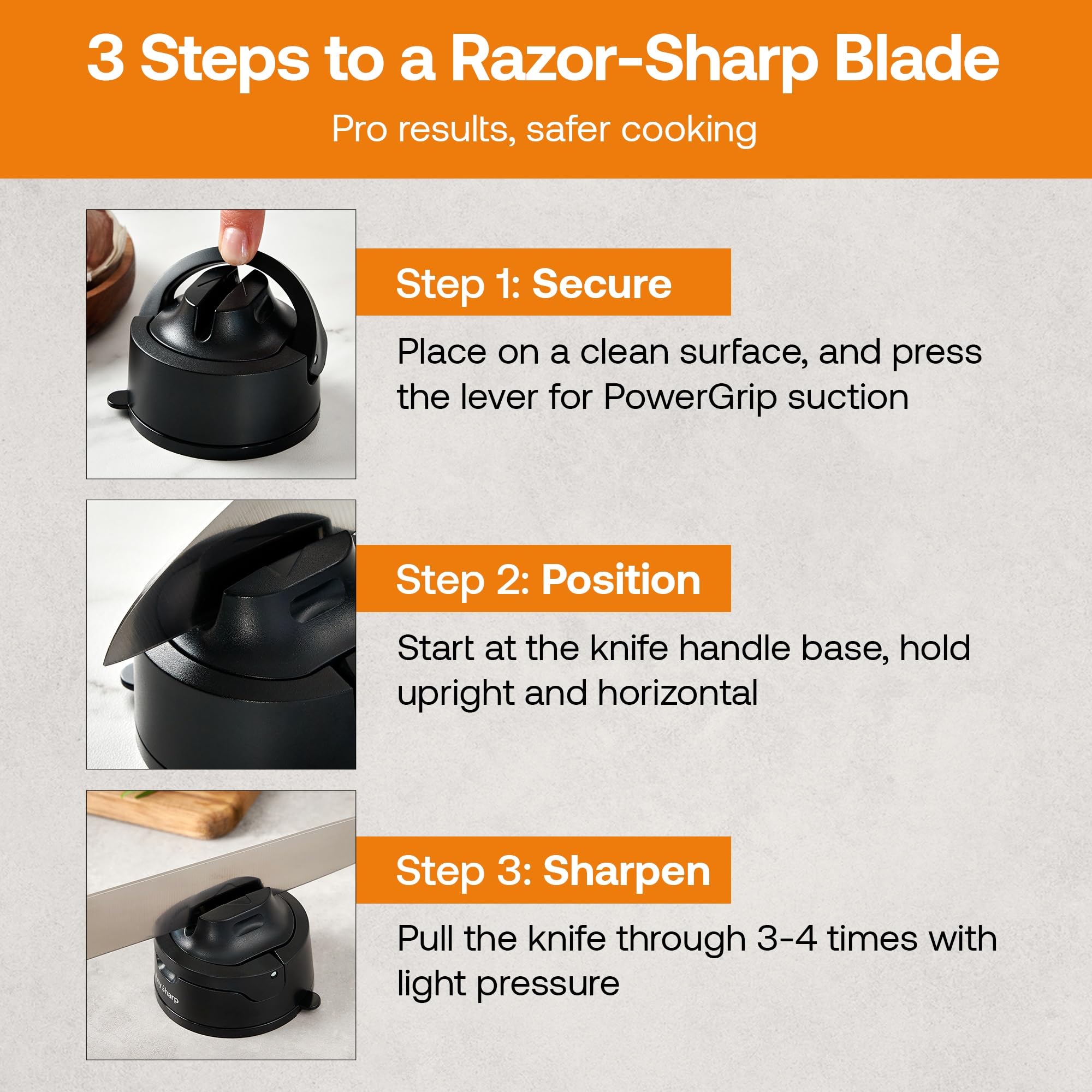AnySharp Knife Sharpener, Hands-Free Safety, PowerGrip Suction, Safely Sharpens All Kitchen Knives, Ideal for Hardened Steel & Serrated, World's Best, Compact, One Size, Silver — view 34