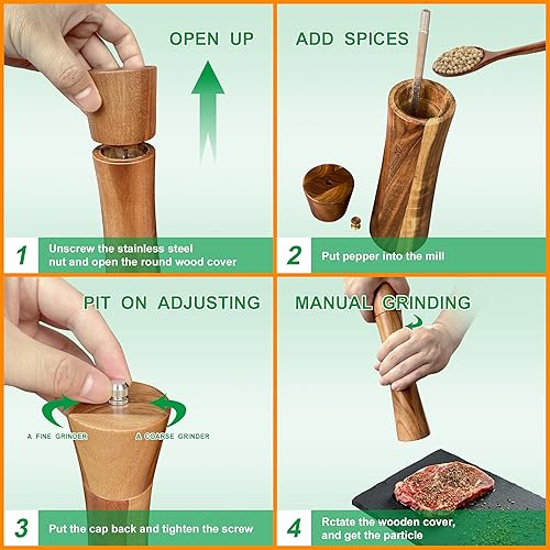 Miniatura 7 de Juego de molinillo de sal y pimienta de madera de 10 pulgadas, molinos de madera de acacia, molinos de especias recargables, molinillo de rotor de