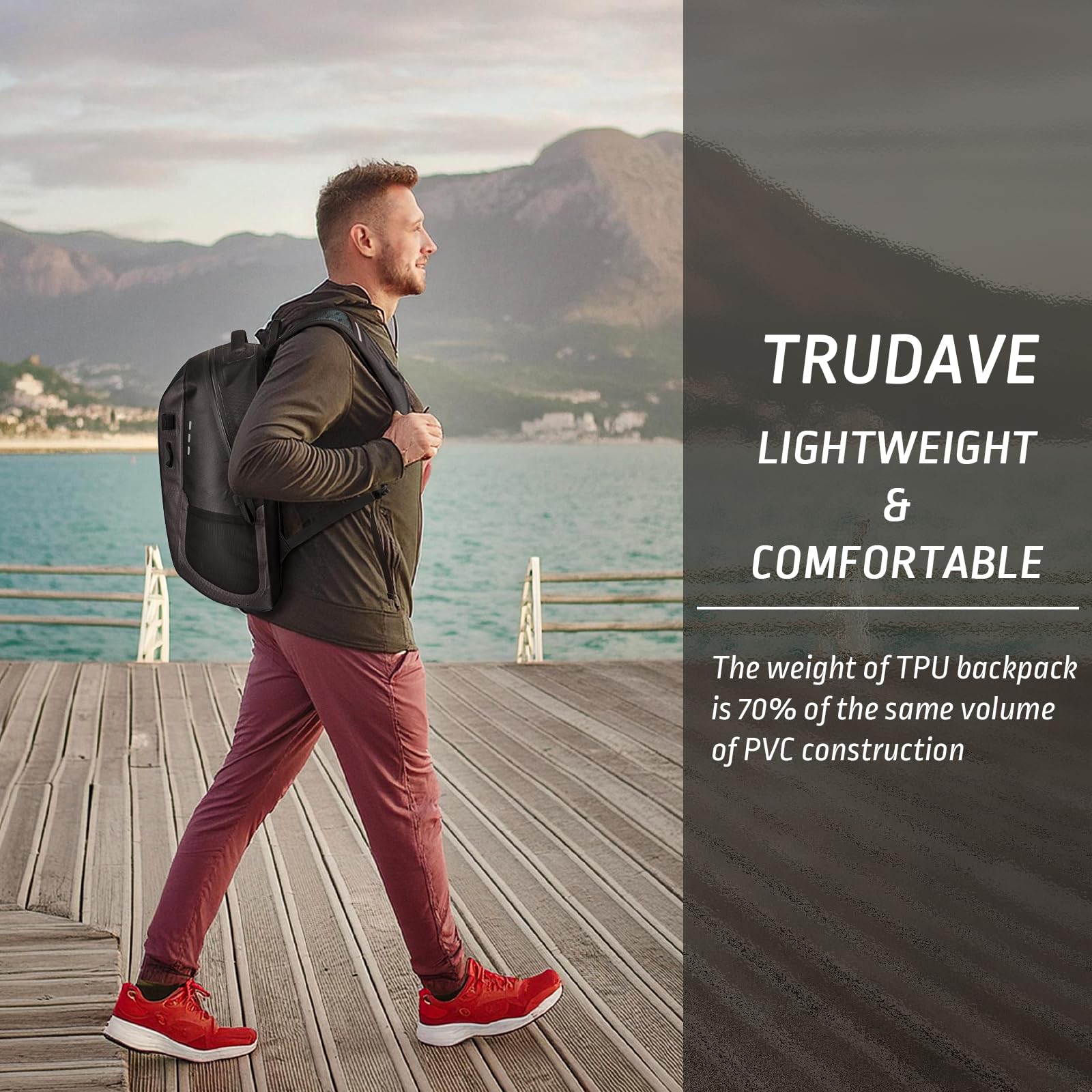 Trudave Wasserdichter Rucksack, schwimmende TPU-beschichtete Trockentasche mit luftdichtem Reißverschluss für Kajak, Angeln, Bootfahren, Wandern, Schwarz, 30L, Wasserdichte Tasche