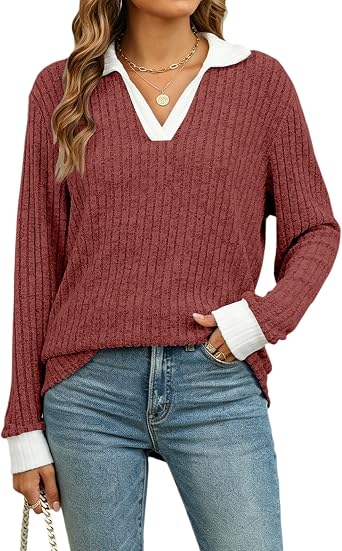 Womens Long Sleeve Shirts V Neck Color Block Collar Tops Ribbed Knit Casual Loose Basic Tees