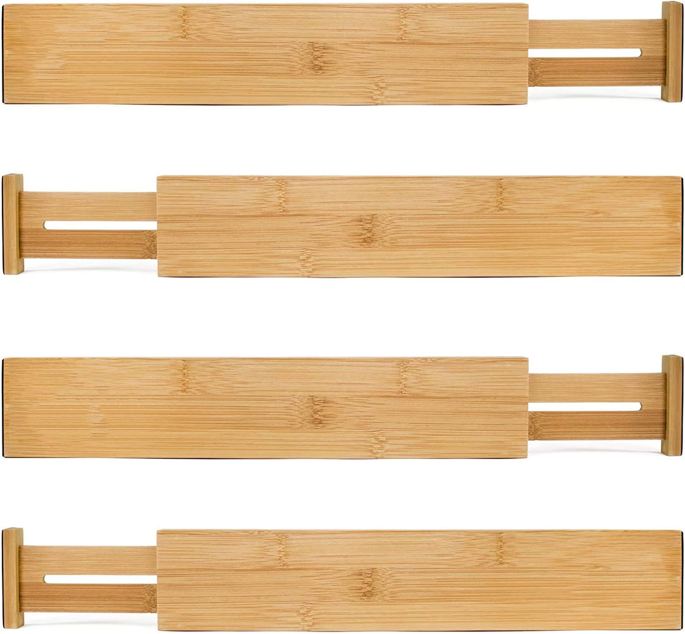 Bamboo Wooden Drawer Divider, Set of 4 | Adjustable Organizers & Dividers | Eco Friendly | Expandable & Spring Loaded | Works in Kitchen, Dresser, Bathroom, Bedroom, Desk, Baby