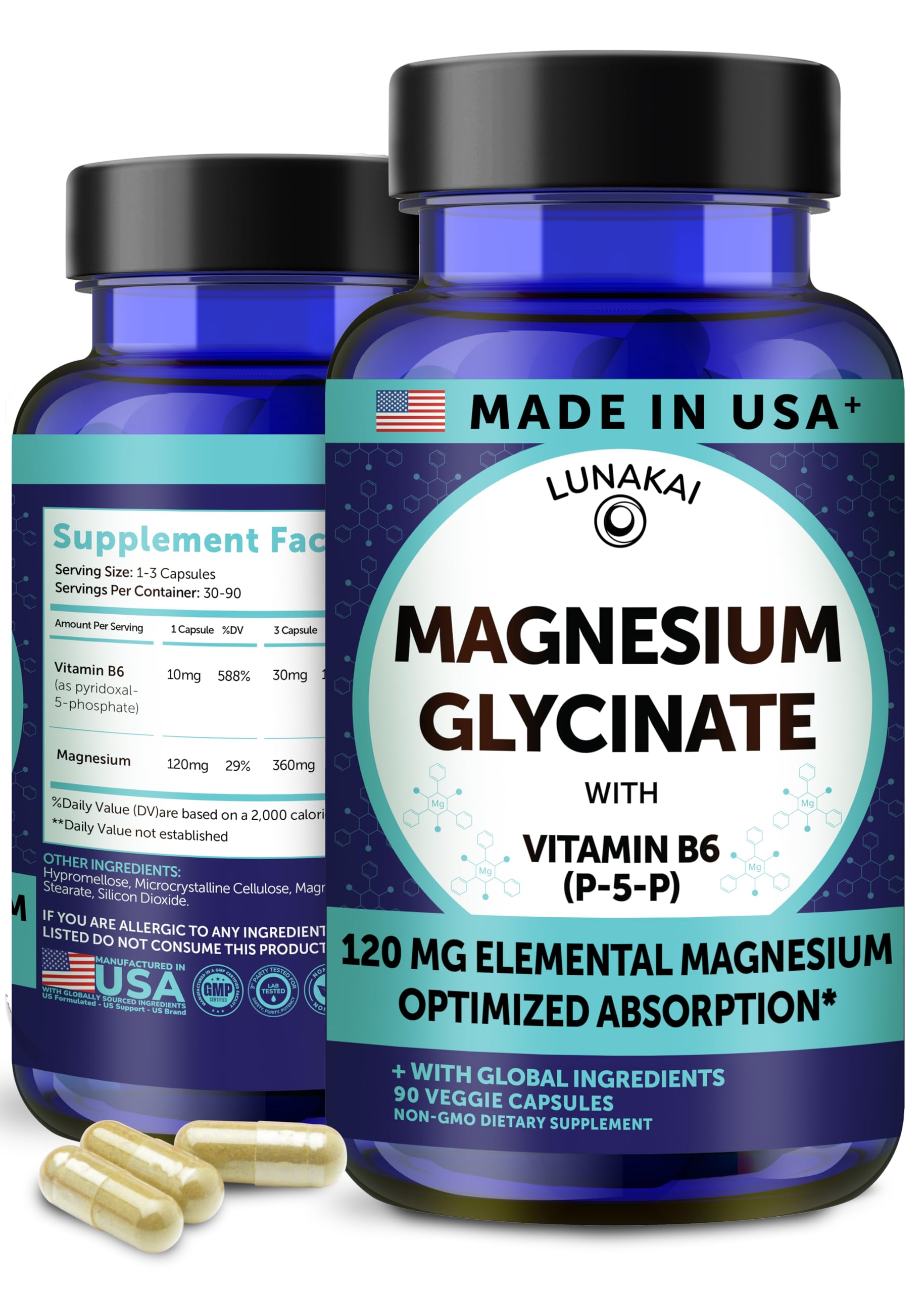 Lunakai USA Made Pure Magnesium Glycinate Capsules 120mg Elemental with B6 (P-5-P) – High Absorption Magnesium Supplement for Women & Men - Daily Sleep & Muscle Support, Non-GMO, 90ct