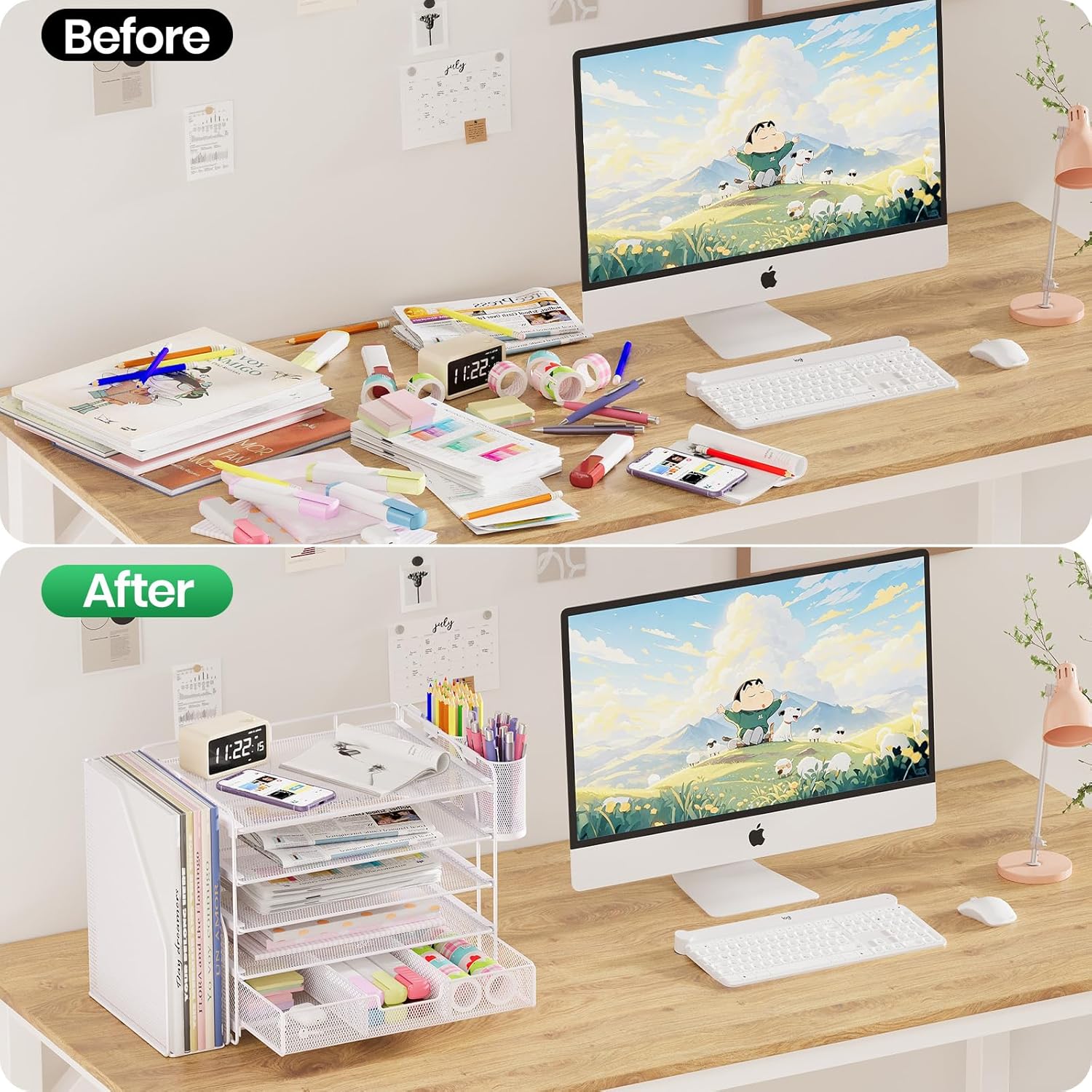 Desk Organizers and Accessories, 5-Tier Paper File Organizer with Drawer & Pen Holder, Office Desk Accessories Workspace Desktop Organizer for Office Supplies (White) White 5-Tier image 2 of 7 B0DZ2MQYM3