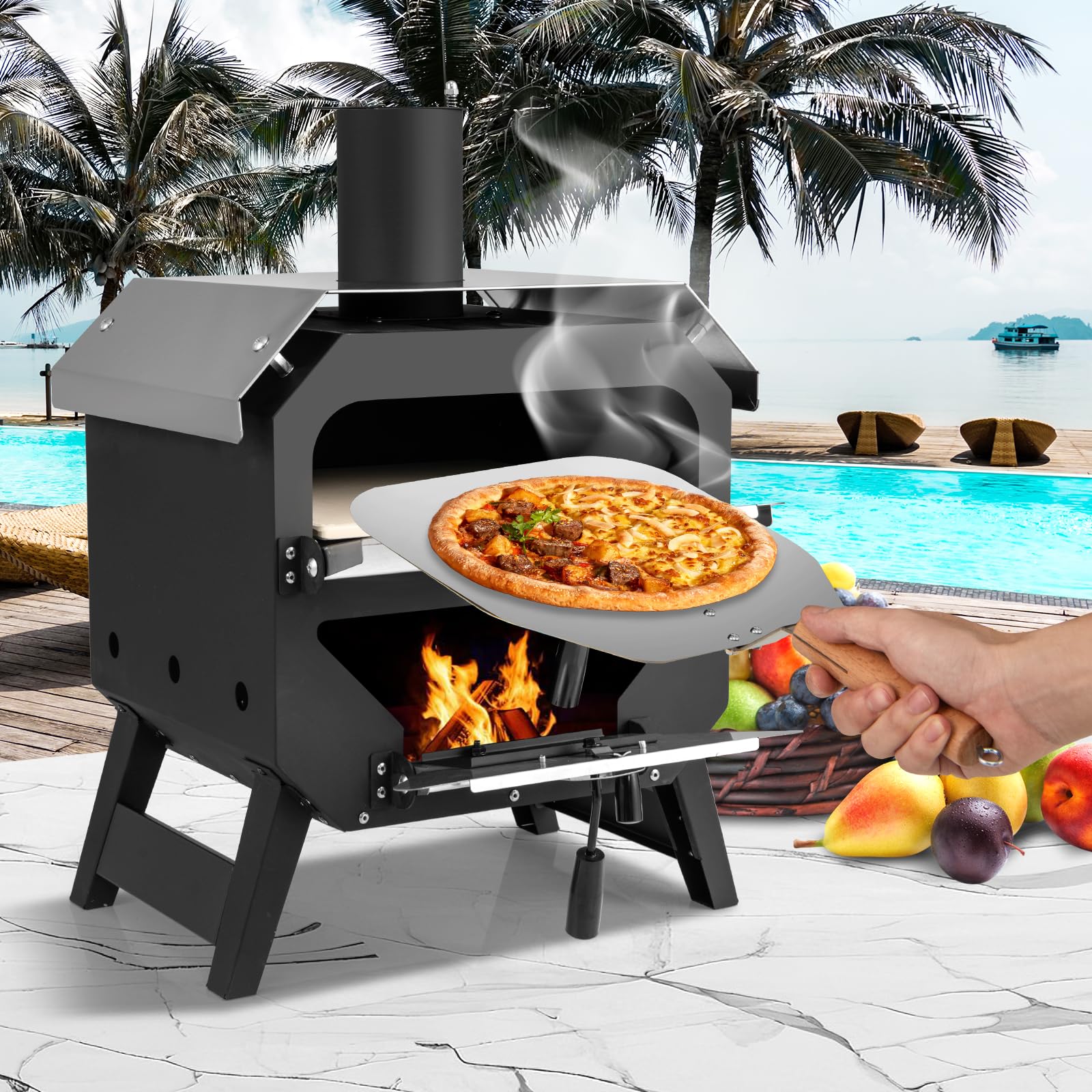 Four à Pizza d'Extérieur en Acier Inoxydable avec Pierre à Pizza, Gril en Bois Portable, Housse de Protection, Noir