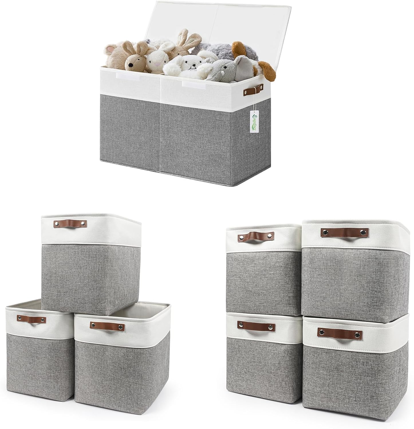 Gray and White Large Toy Storage Box with Lids+Fabric Storage Bins 17x12x15+11x11 Cubes