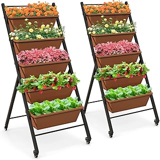 Giantex 2 Pcs Vertical Planter Raised Bed on Wheels, Elevated Garden Beds with Water Drainage Hole, Freestanding 5 Container Boxes for Herb Vegetables Flowers Growing, Outdoor Indoor Patio Balcony