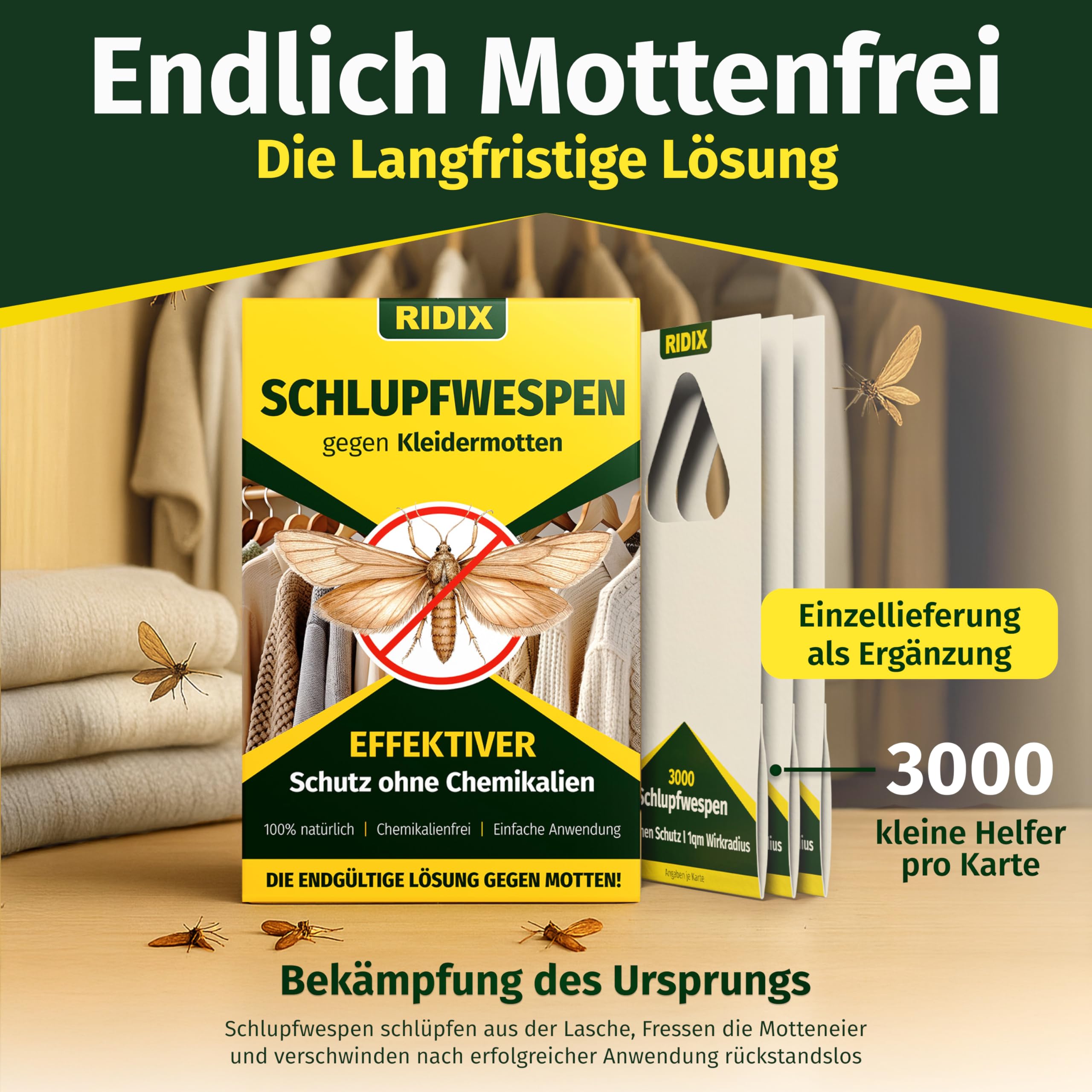 Schlupfwespen gegen Kleidermotten [1 Lieferung mit 6 Karten] - Schlupfwespen gegen Motten als biologische Lösung frei von Chemie - Schlupfwespen Kleidermotten